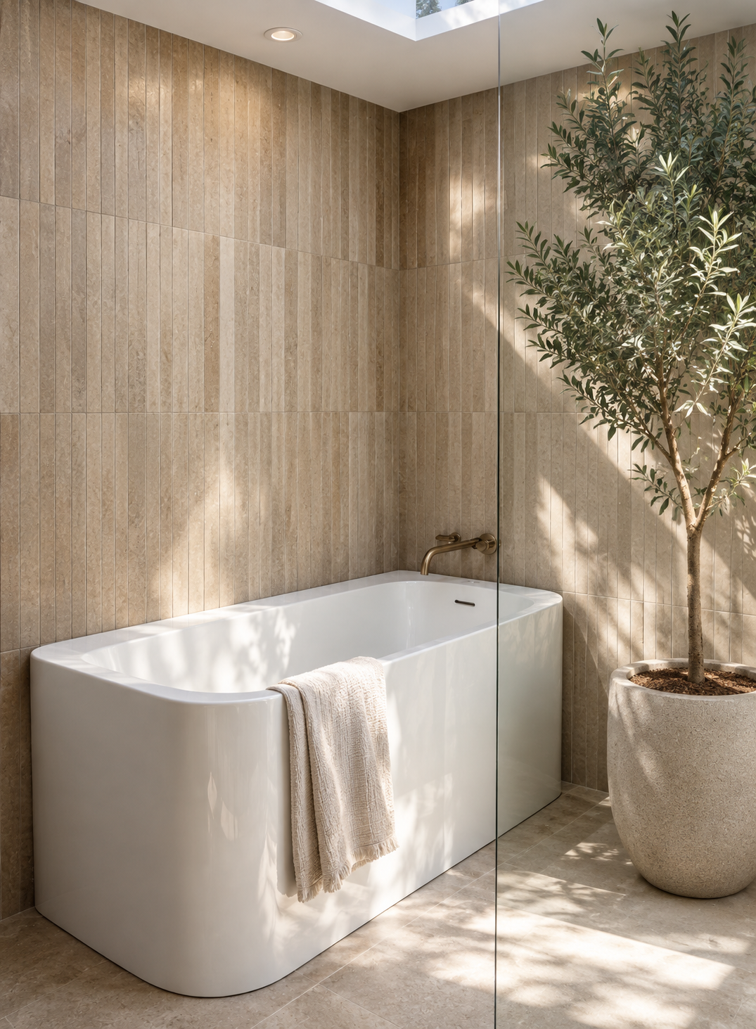 A modern bathroom with a white bathtub, beige tiled walls, a brass faucet, a large potted plant, and natural light coming through a skylight.
