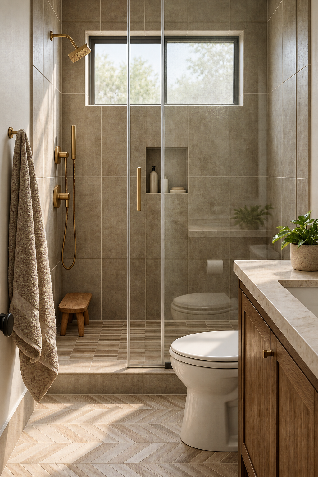 Modern bathroom with walk-in shower, glass door, beige tiles, a window, toilet, wooden vanity with a plant, and towel rack.