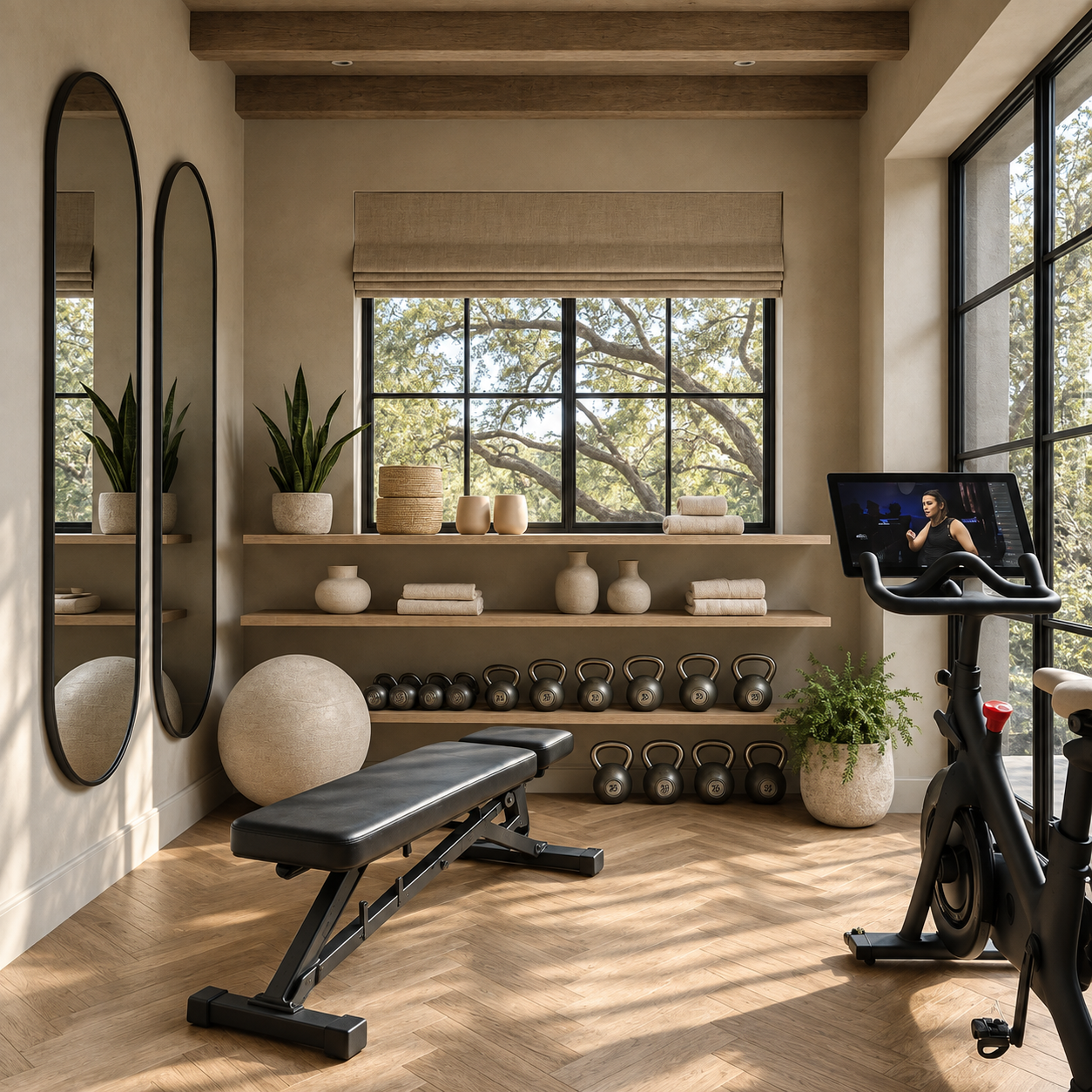 Interior of a home gym with a bench, a stationary bike with a screen, kettlebells, and shelves with potted plants, towels, and decorative items. Large windows with trees outside provide natural light.