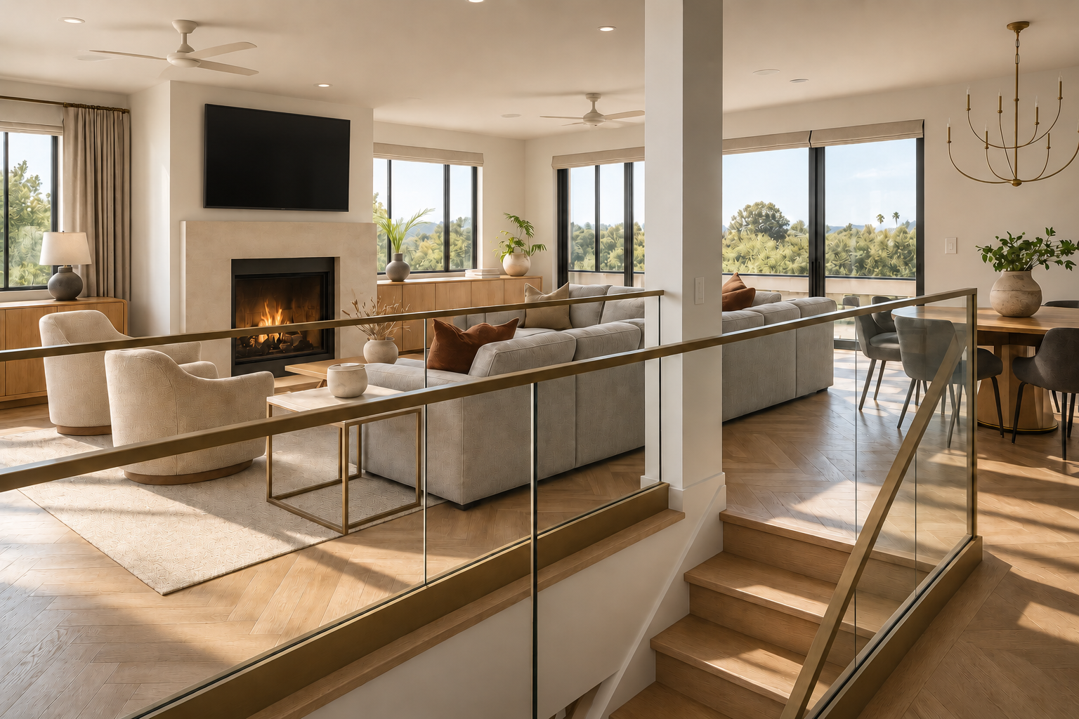 Bright living room with a gas fireplace, beige armchairs, a large gray sofa, a wooden sideboard, potted plants, and large windows showing greenery outside.