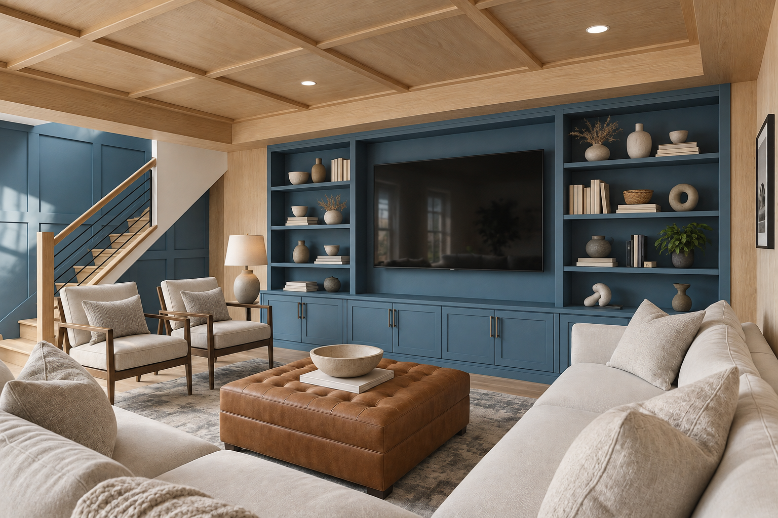 A cozy living room with a large beige sectional sofa, a square brown leather ottoman with a decorative bowl and books on top, two beige armchairs with wooden arms and cushions, a blue built-in wall unit with open shelves filled with decorative items and books, a large flat-screen TV mounted on the wall, a wooden ceiling with recessed lighting, and a staircase with a wooden handrail and black metal balusters near a blue wall.