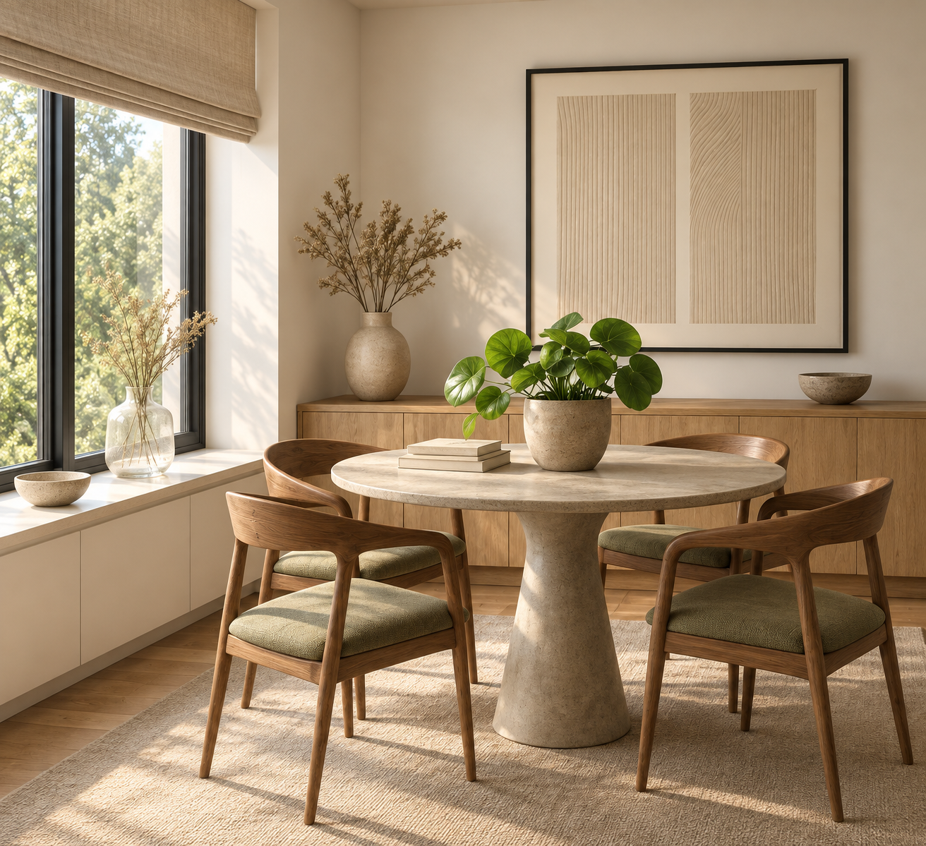 A cozy dining room with a round marble table, four wooden chairs with green cushions, a sideboard with vases and artwork, and large windows with a scenic view of trees.