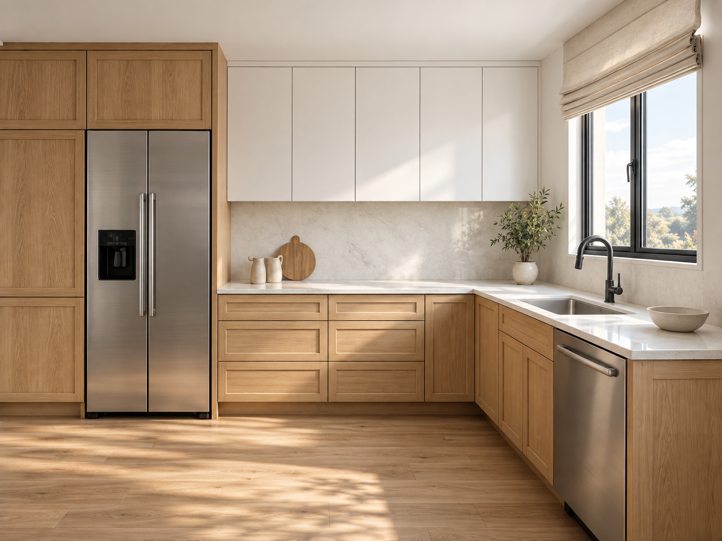 Modern kitchen with wooden cabinets, stainless steel refrigerator, and black faucet. There is a window with a view of trees, a potted plant, and neutral-colored decor.