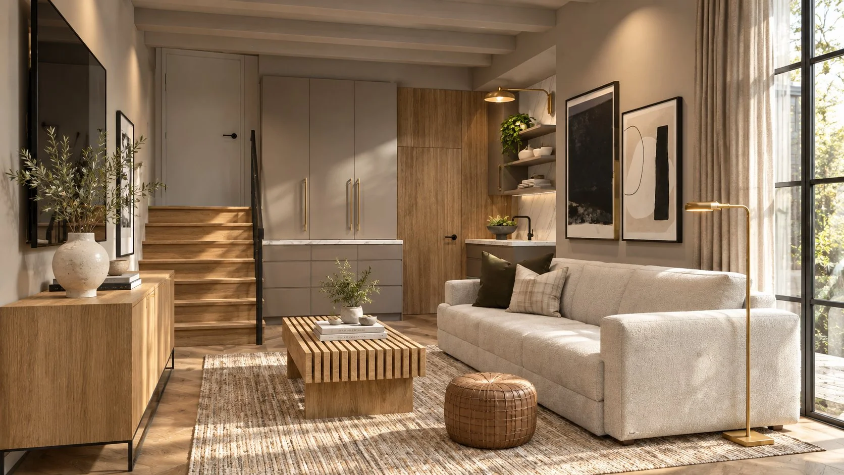 Modern living room with beige sofa, wooden coffee table, patterned rug, large window with beige curtains, art prints on wall, potted plants, and a floor lamp, with stairs leading up to a door.