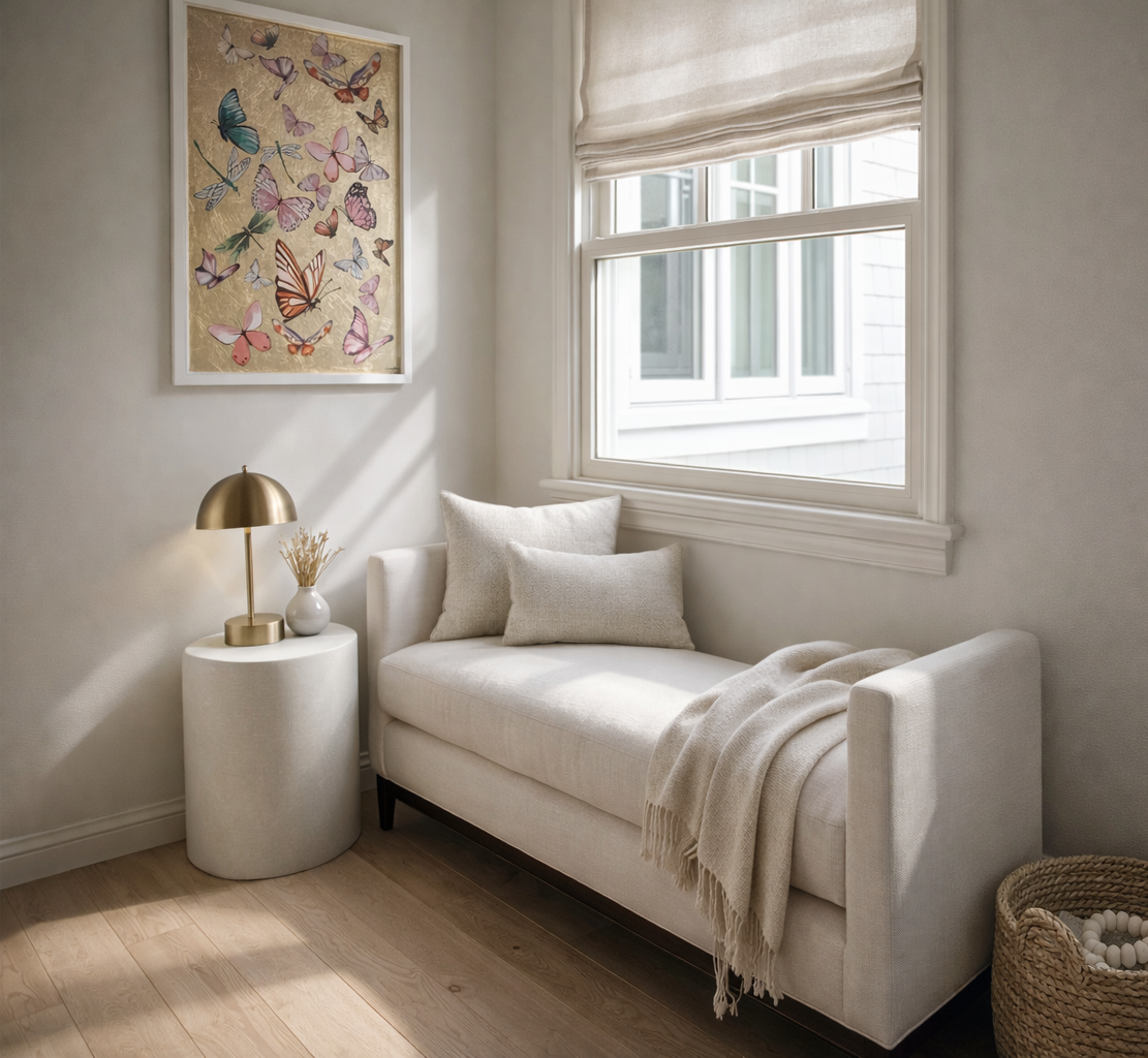 A cozy white sofa with beige pillows and a beige throw blanket in a sunlit room. There is a round white side table with a gold lamp and a white vase with dried plants next to the sofa. A colorful butterfly artwork hangs on the wall above. A large window lets in natural light, with a white Roman shade.