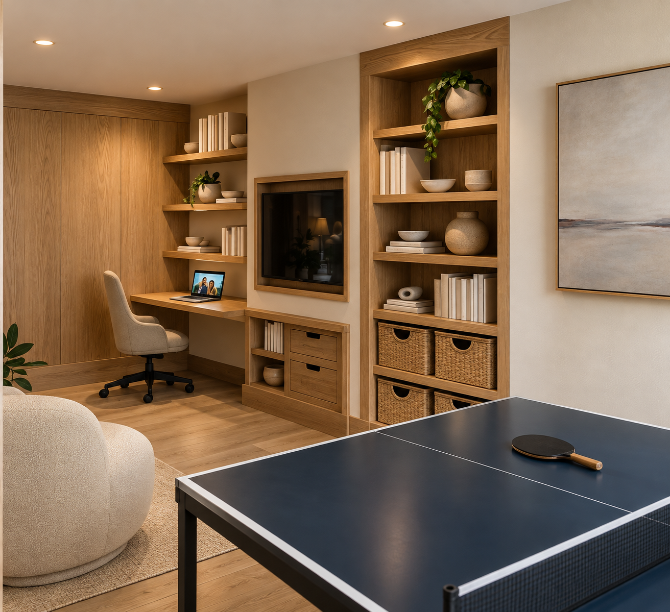 Living room with wooden shelves, a small desk with a laptop, a beige chair, a wall-mounted TV, a piece of wall art, a ping pong table with a paddle, and part of a beige sofa.
