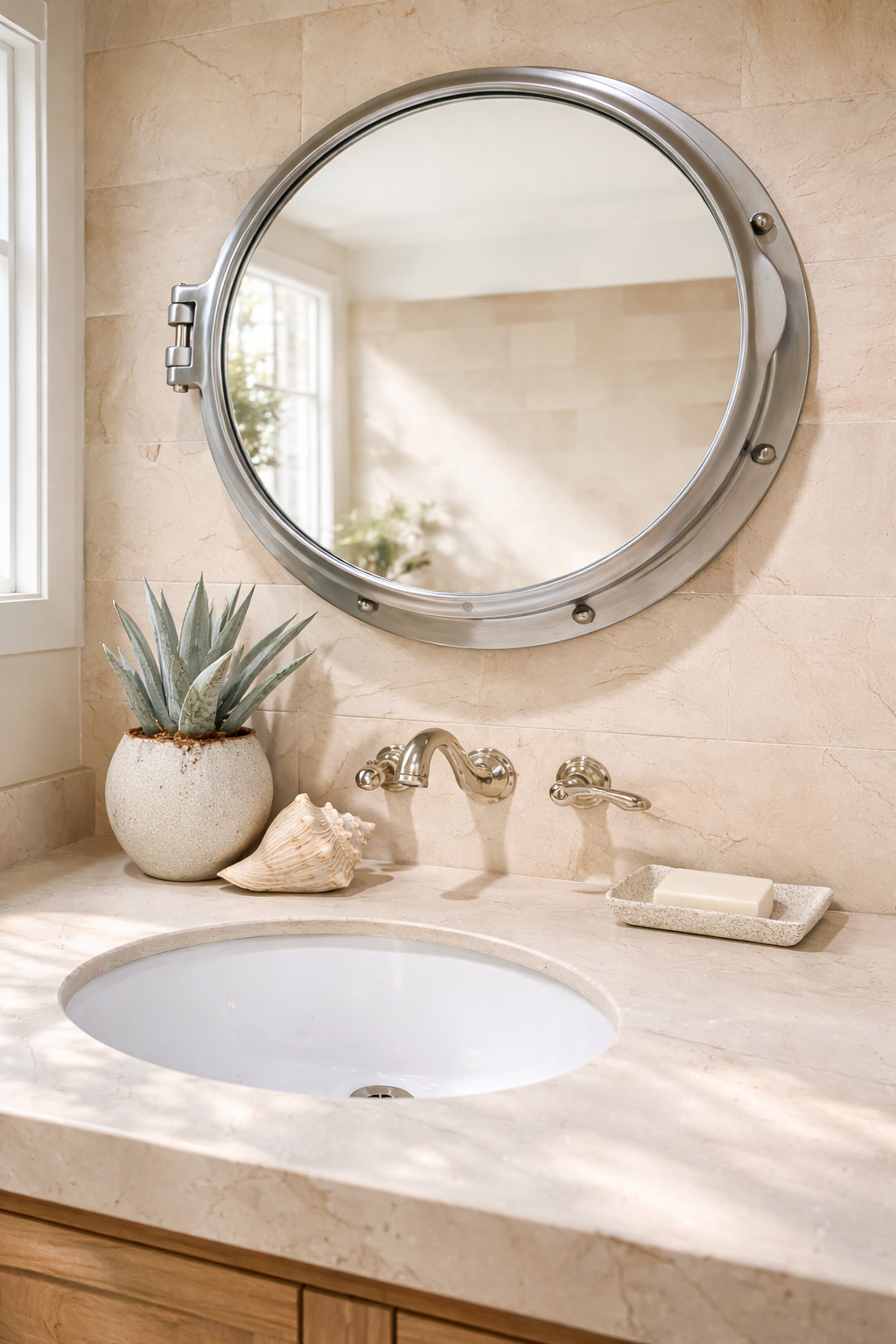 Bathroom vanity with a round mirror, potted succulent, seashell, soap on a tray, and a marble countertop.