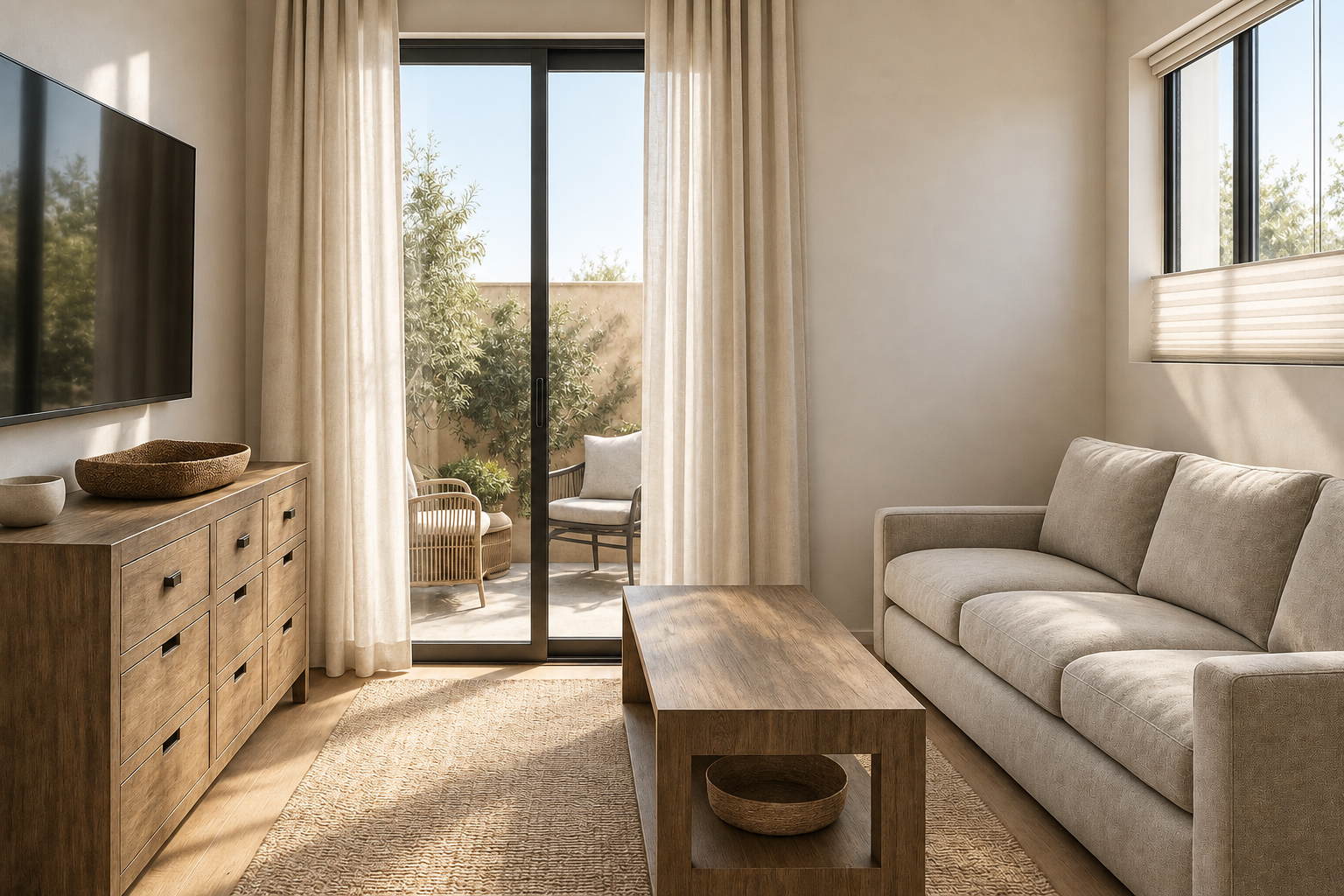 Living room with a beige sofa, wooden coffee table, and a wooden sideboard with a basket and a bowl, glass sliding door leading to a small outdoor patio with chairs and greenery, and large windows with curtains.