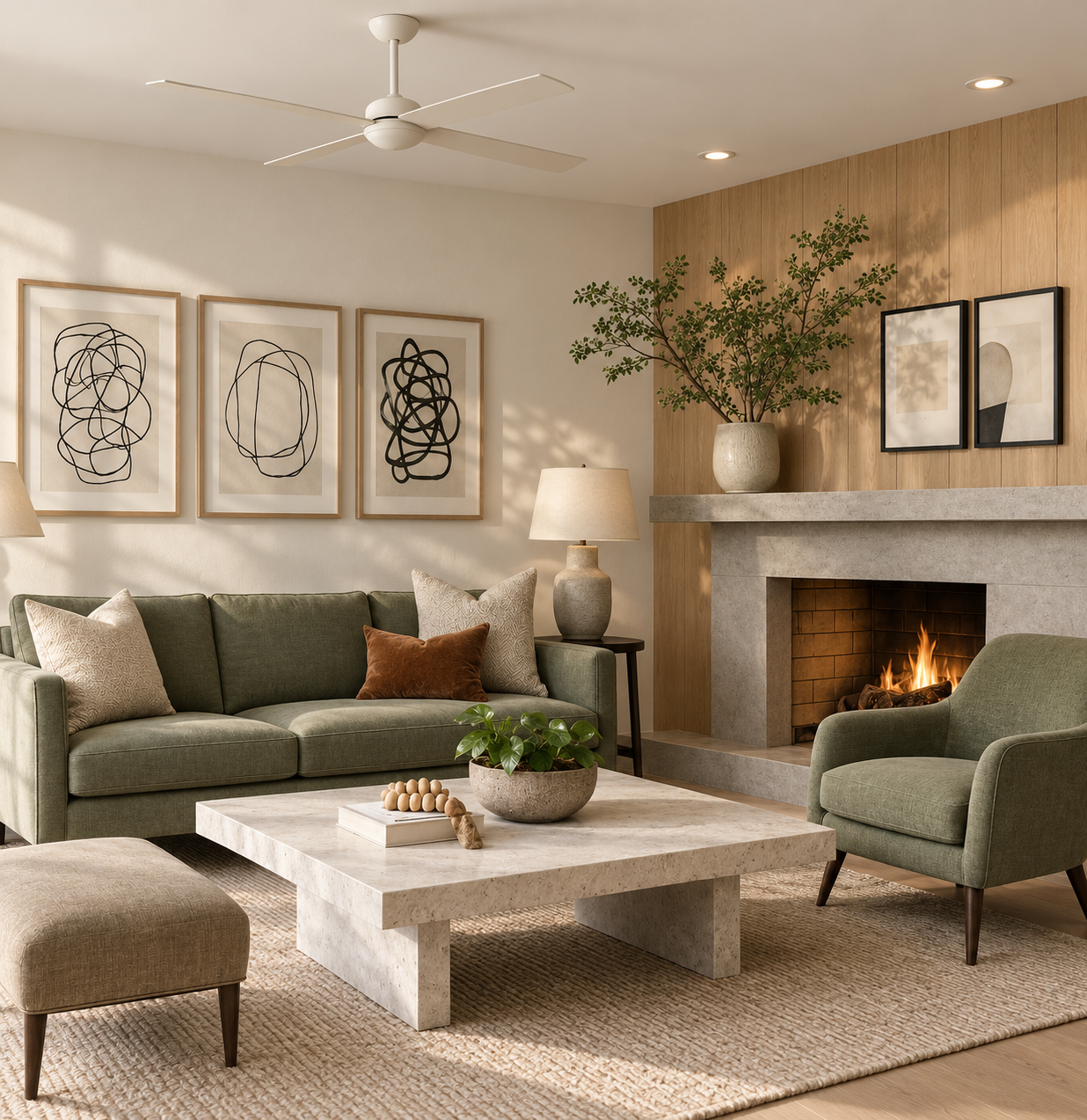 Living room with green sofa, armchair, abstract art on wall, fireplace with fire, potted plant on mantel, table with decorative items, and ceiling fan.