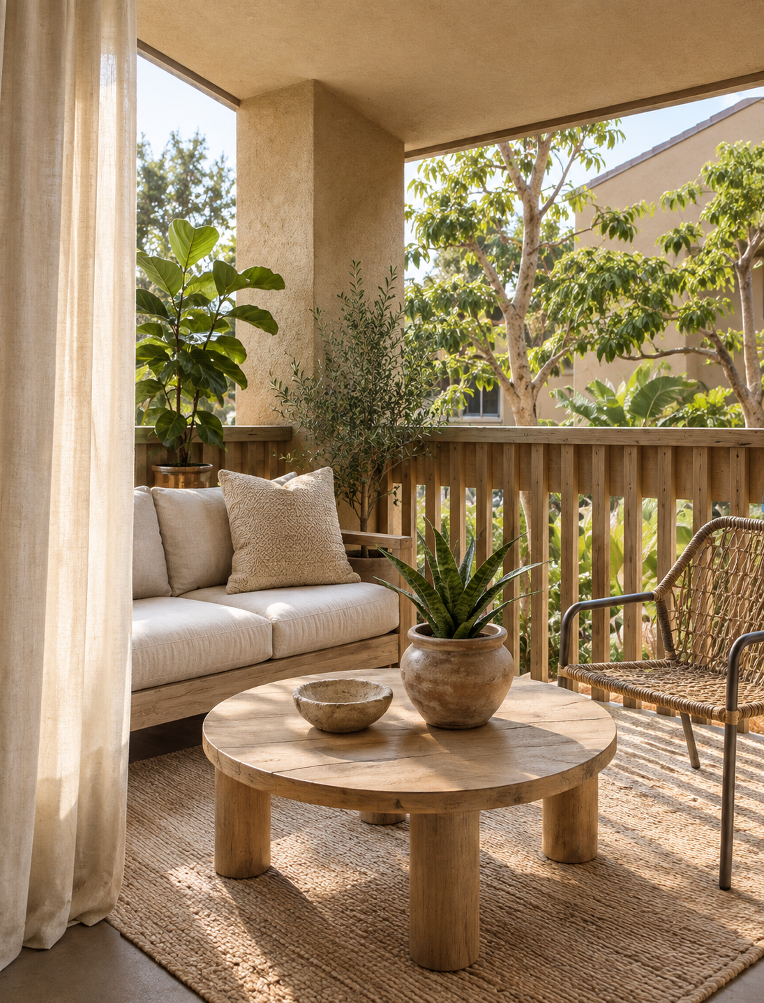 Outdoor patio with wooden furniture including a beige cushioned sofa, a round wooden coffee table with potted plants, a woven chair, and lush greenery visible through the railing.