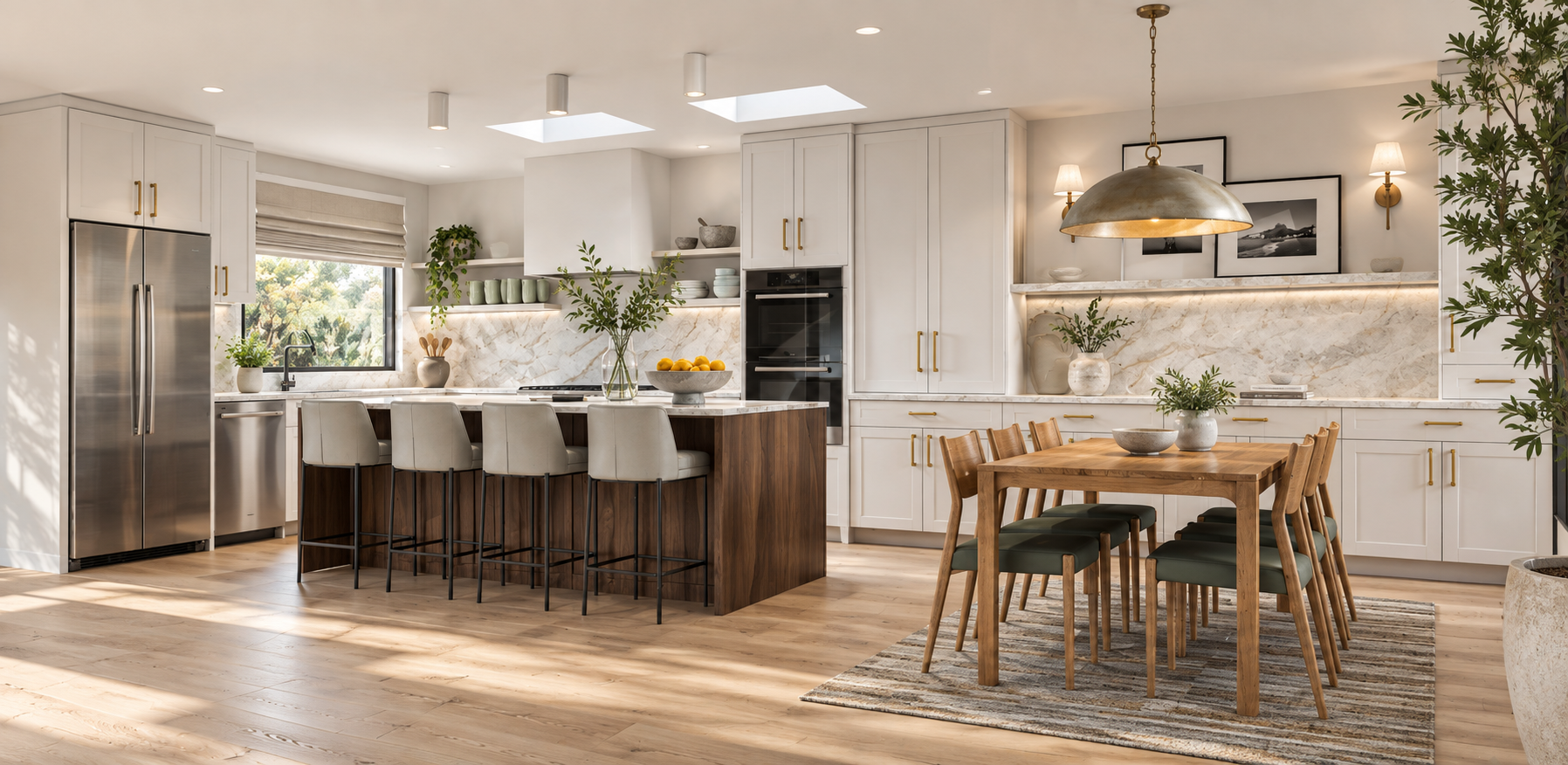 Bright and modern kitchen with white cabinets, a wooden dining table, and a kitchen island with beige bar stools. Includes a stainless steel refrigerator, a window with a view of greenery, and decorative plants. Soft lighting and warm tones create a cozy ambiance.