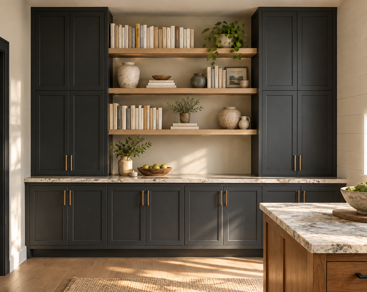 Kitchen with black cabinets, open wooden shelves with books and decorative pots, marble countertops, and a wooden kitchen island.
