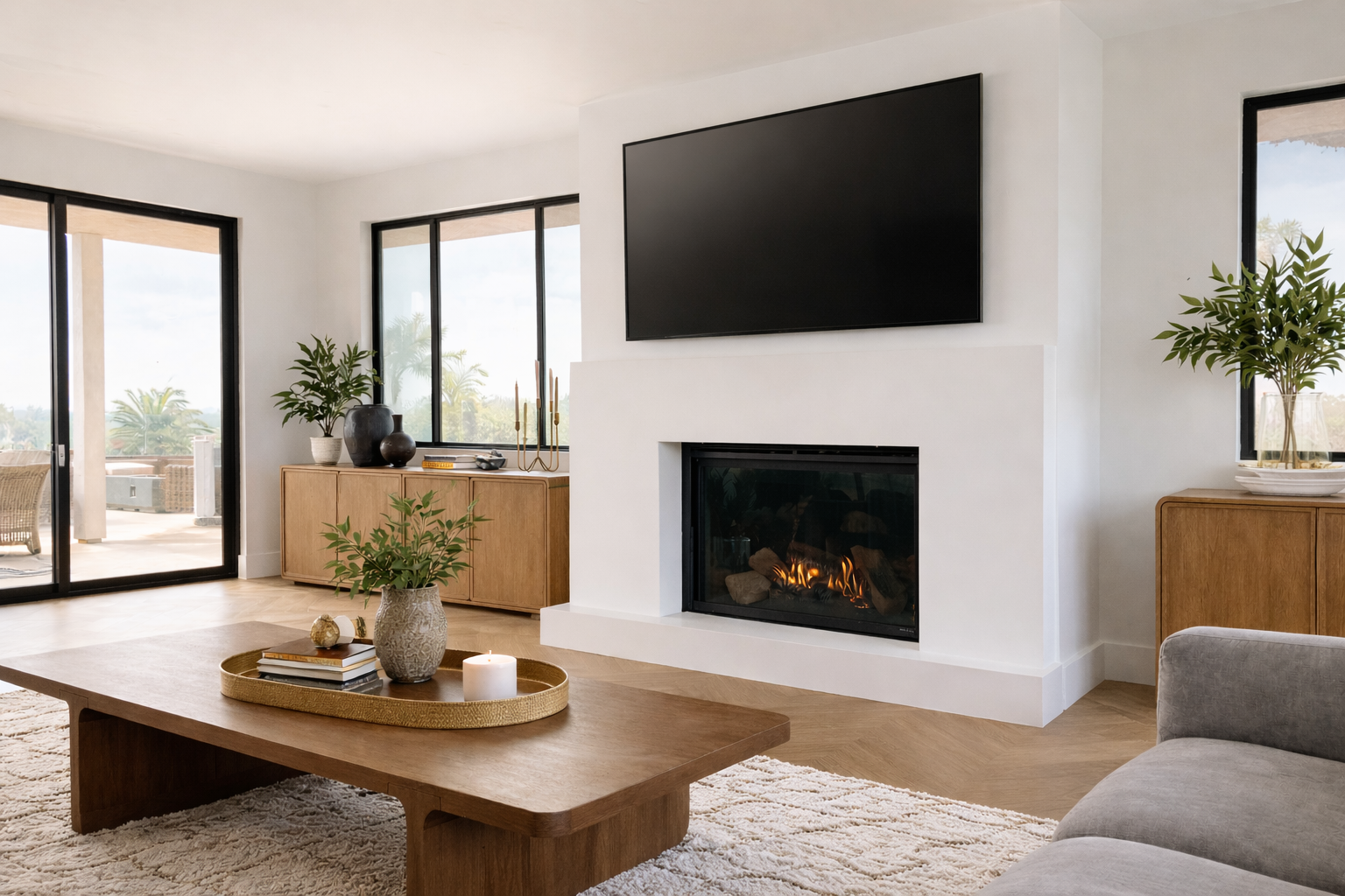 Living room with a modern fireplace, flat-screen TV above, beige sofa, wooden coffee table with decorative vase, candle, and books, large windows, and sliding door leading to a balcony.