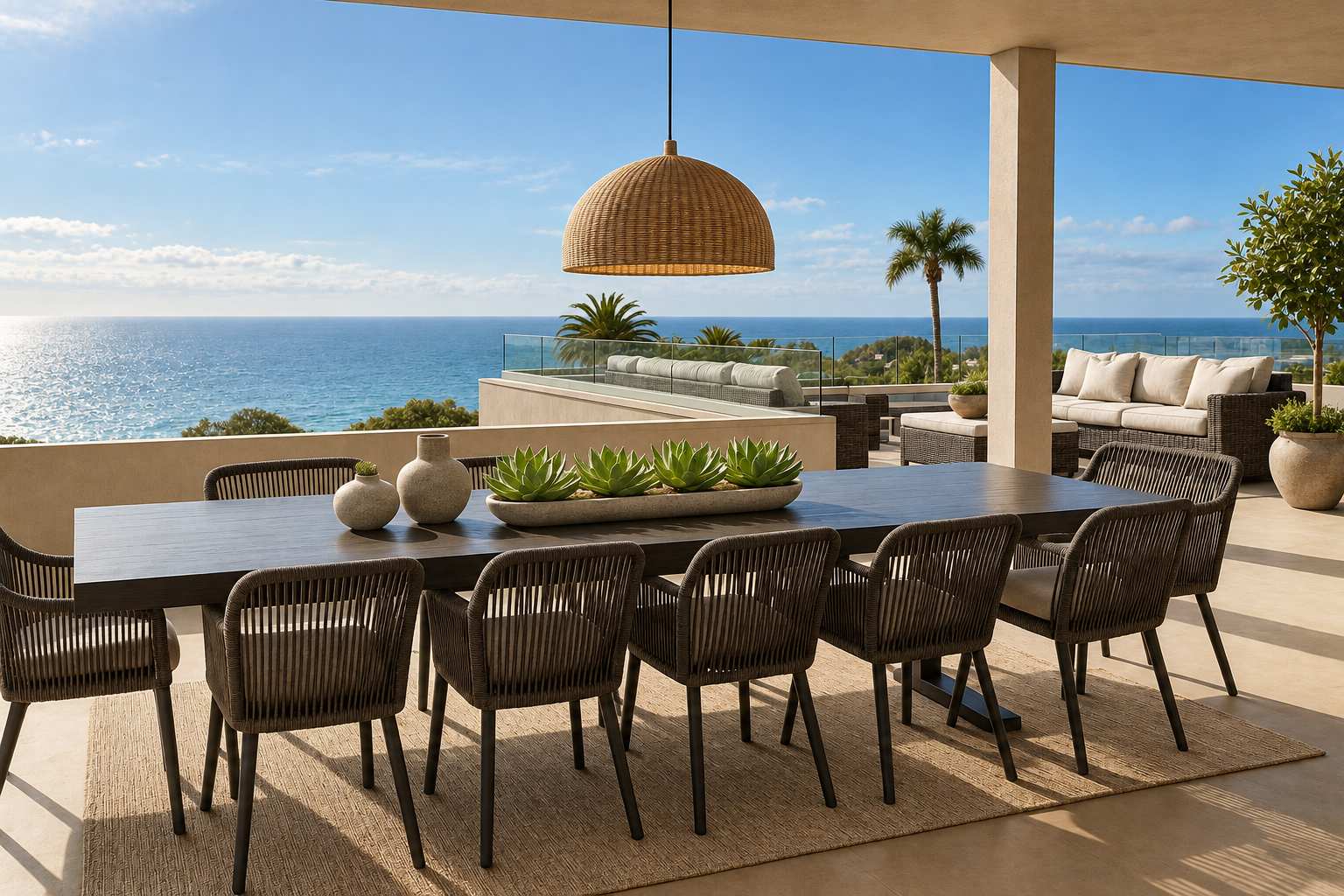 Outdoor patio with a dining table and eight chairs, overlooking the ocean with clear blue sky, palm trees, and comfortable seating area with cushions.