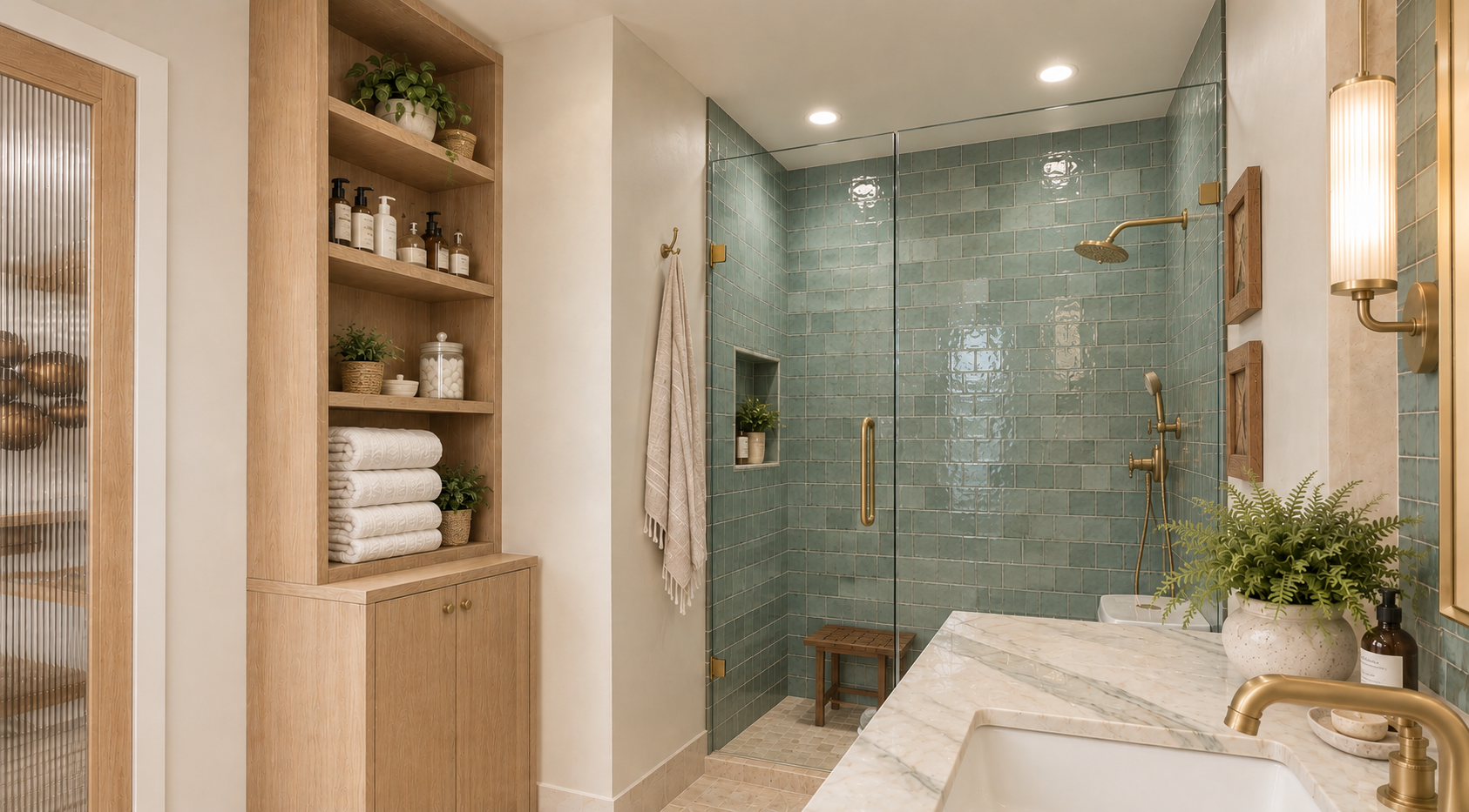 Bathroom with green tiled shower area, marble countertop, brass fixtures, and wooden shelves with towels and plants.