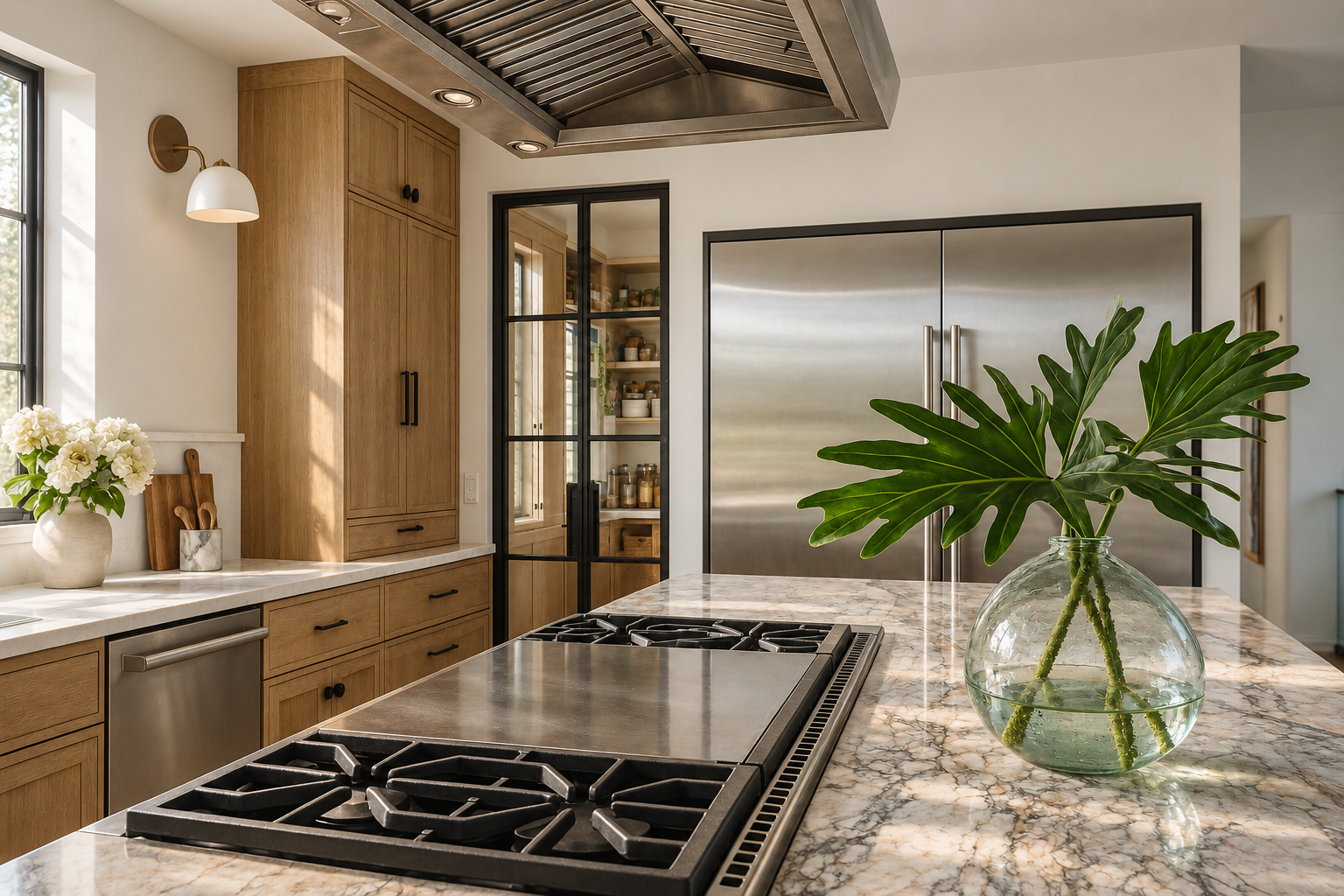 Modern kitchen with wooden cabinets, marble countertop, stainless steel appliances, a potted plant on the island, and a glass door leading to a pantry.