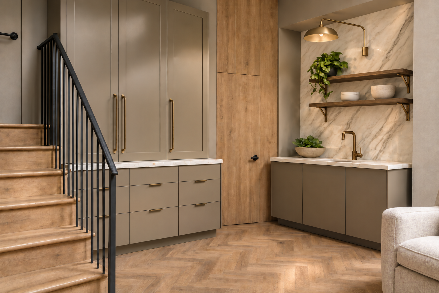 Modern interior room with stairs, beige cabinetry, marble backsplash, wooden shelves with plants and bowls, and a gold wall light.