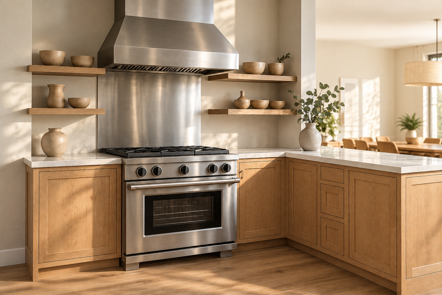 Modern kitchen with wooden cabinets, stainless steel stove, open shelves with pottery, and a potted plant on the countertop.
