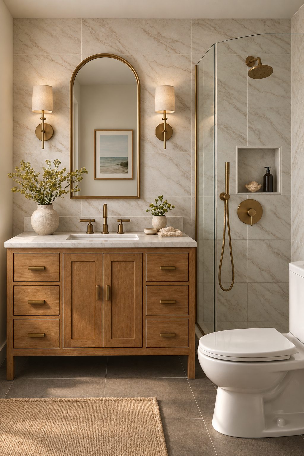 A modern bathroom with a wooden vanity, mirror, and wall sconces, a shower with a gold showerhead, and a toilet.