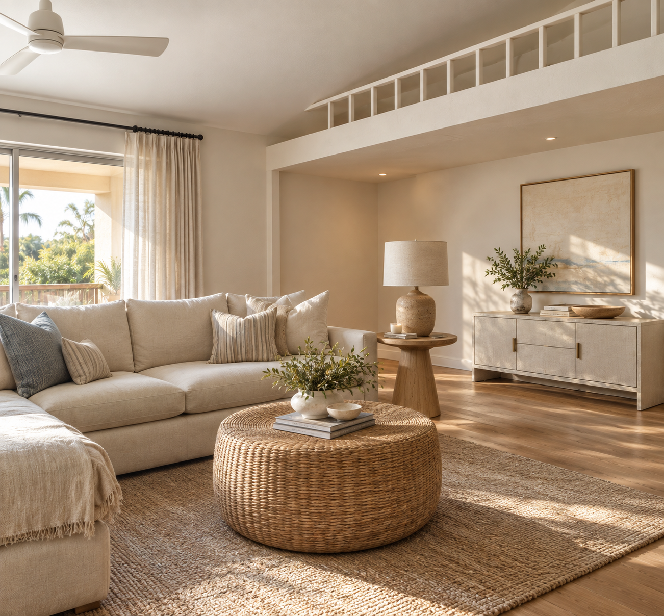 Living room with beige sofa, wicker coffee table, wooden side table with lamp, and decor with plants and artwork, sunlit through sliding glass door.