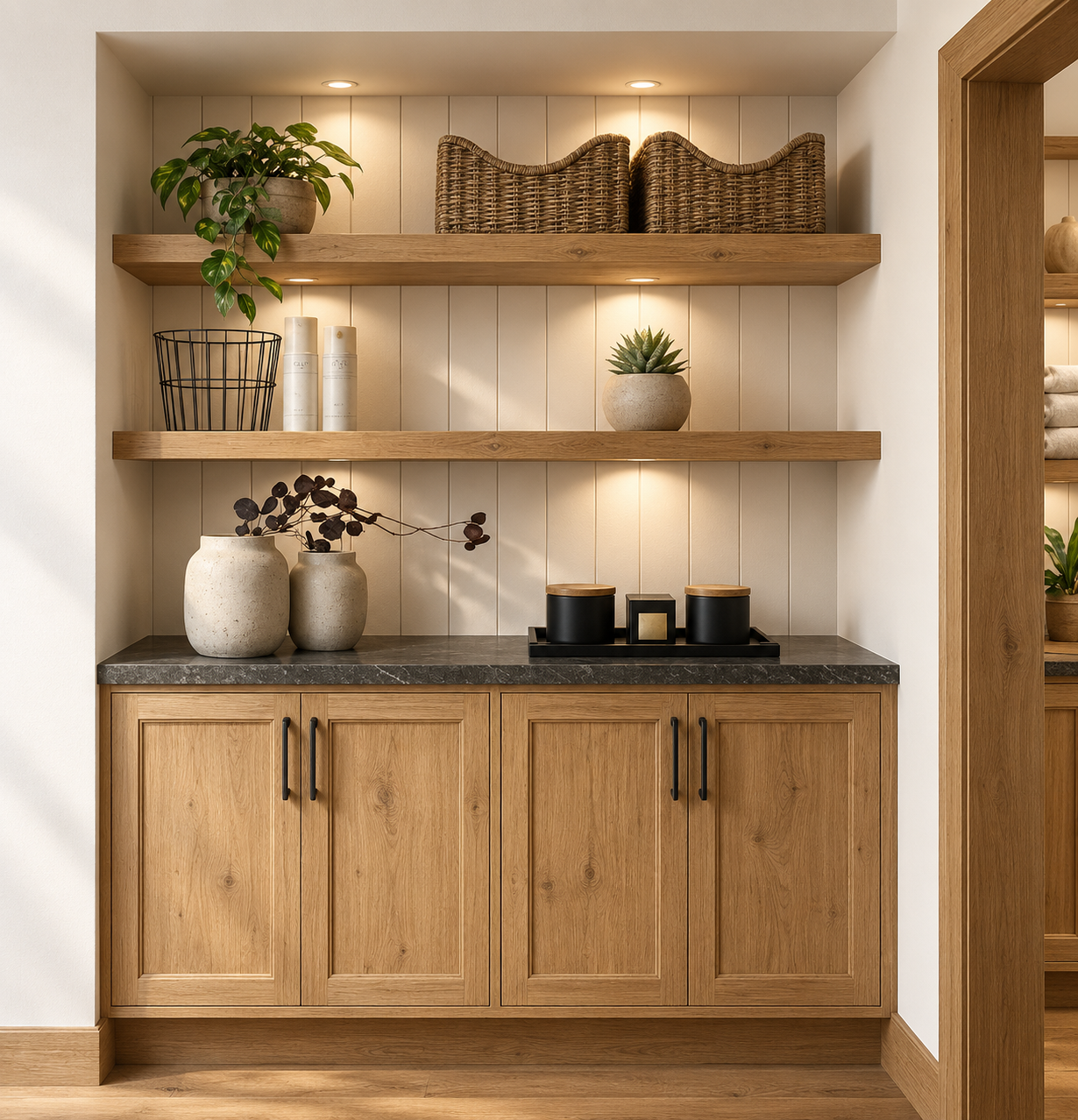 Kitchen corner with wooden cabinets, black countertop, and floating shelves decorated with potted plants, candles, wicker baskets, and decorative jars.