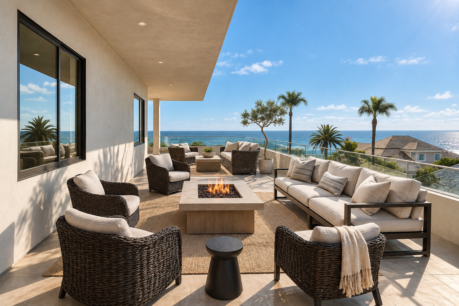 A spacious outdoor patio with a modern fire pit surrounded by wicker and cushioned seating, overlooking the ocean and palm trees on a sunny day.