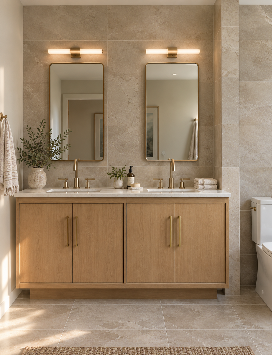 Modern bathroom with double vanity, two mirrors, wood cabinet, white marble countertop, gold fixtures, potted plants, folded towels, wall sconces, beige tiled walls and floor, toilet on the right.