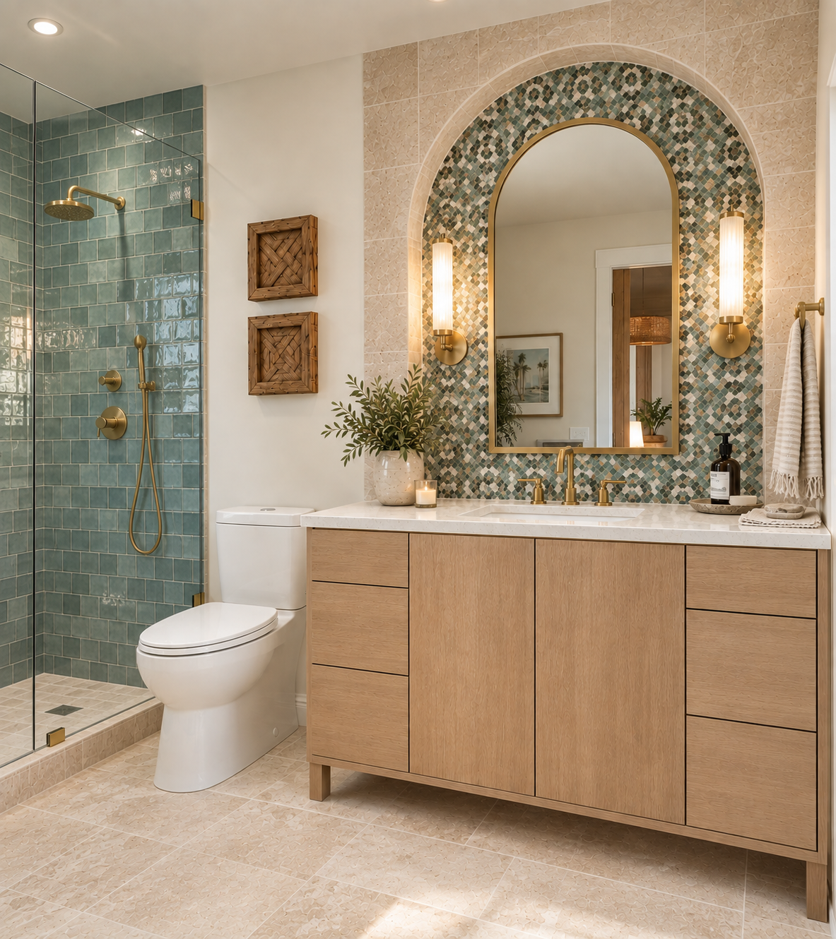 Modern bathroom with a glass-enclosed shower, wooden vanity with a large mirror, and decorative lighting fixtures. The shower has teal tiles with brass fixtures, and the vanity area has a potted plant, candles, and a soap dispenser.