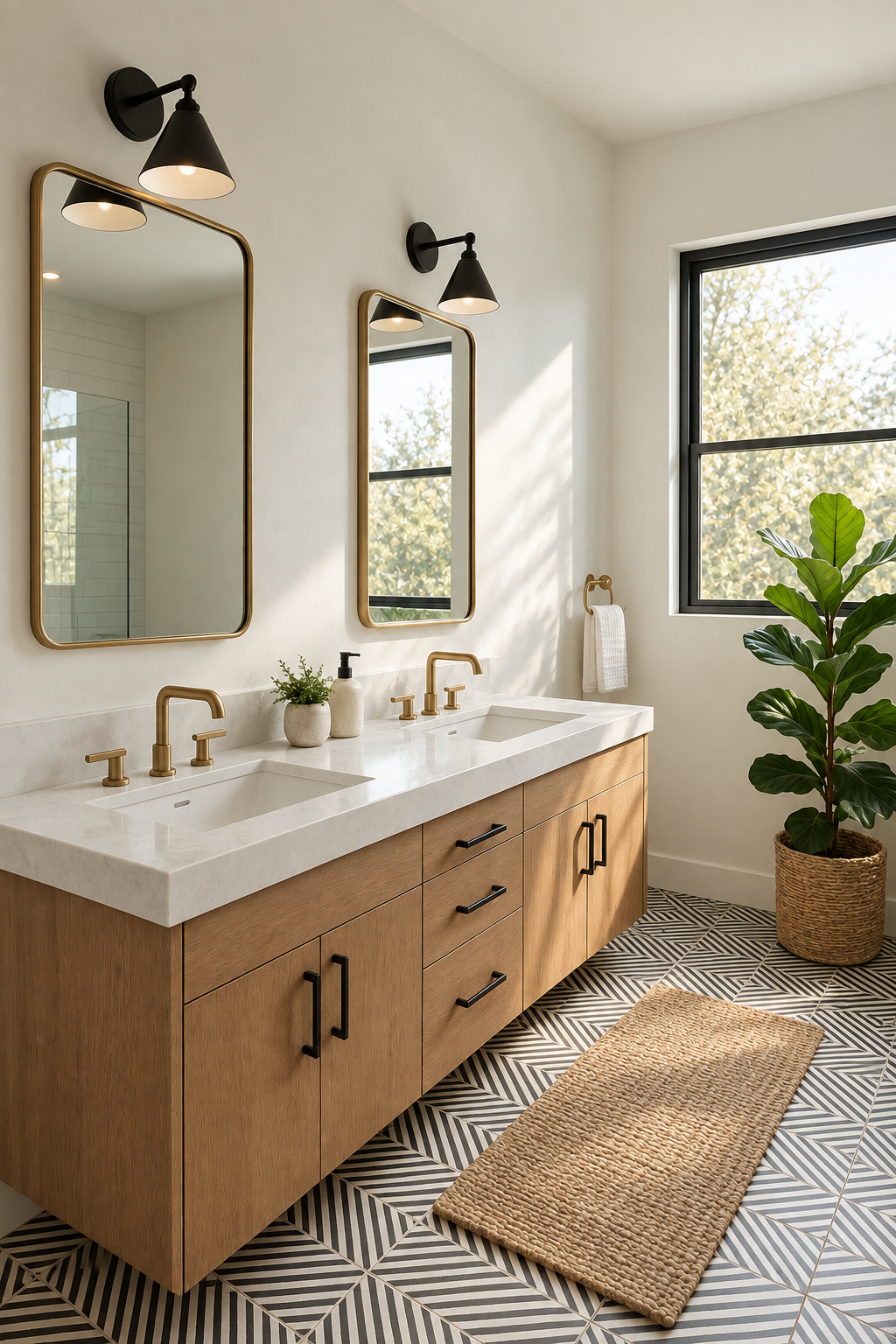 Modern bathroom with wooden vanity, white countertop, two sinks, black and brass fixtures, large window with greenery outside, round woven rug, and a potted plant.