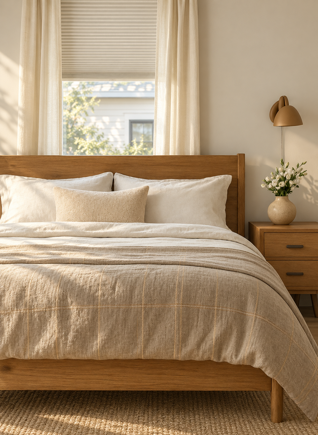 A neatly made bed with white pillows and a beige pillow, a beige bedspread, and a wooden headboard. A nightstand with a vase of white flowers and a tan wall lamp is beside the bed. A window with cream curtains and a partially opened blind shows a house and trees outside.