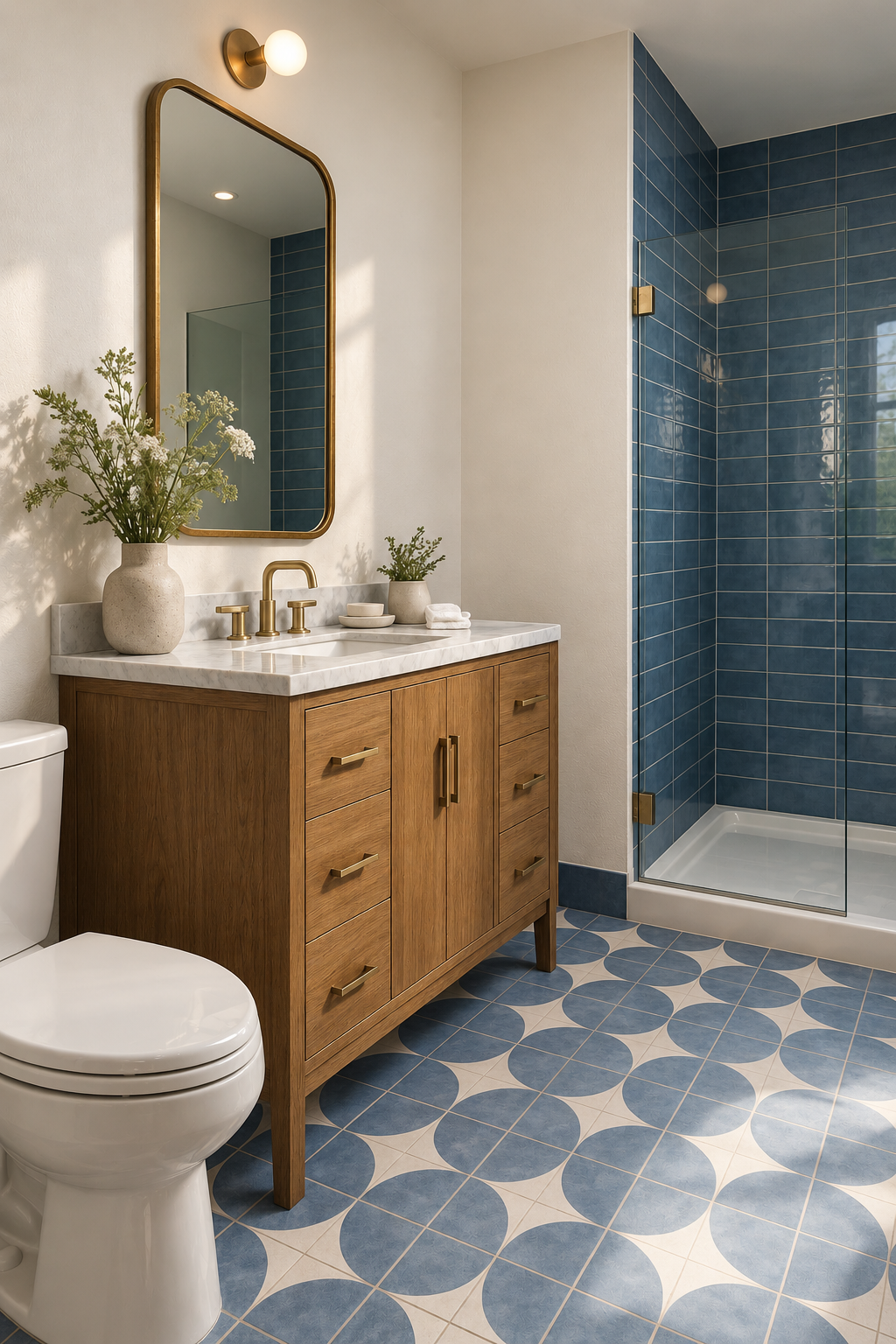 Modern bathroom with blue tiled shower, wooden vanity with white marble top, gold fixtures, oval mirror, white vase with flowers, and patterned blue and white floor tiles.