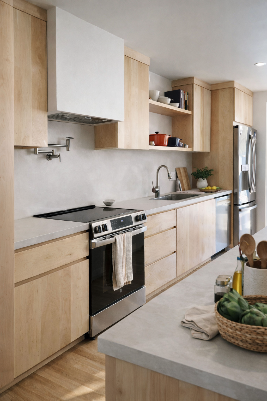 Modern kitchen with light wood cabinets, stainless steel appliances, open shelves with cookware, and a countertop with a bowl of vegetables.