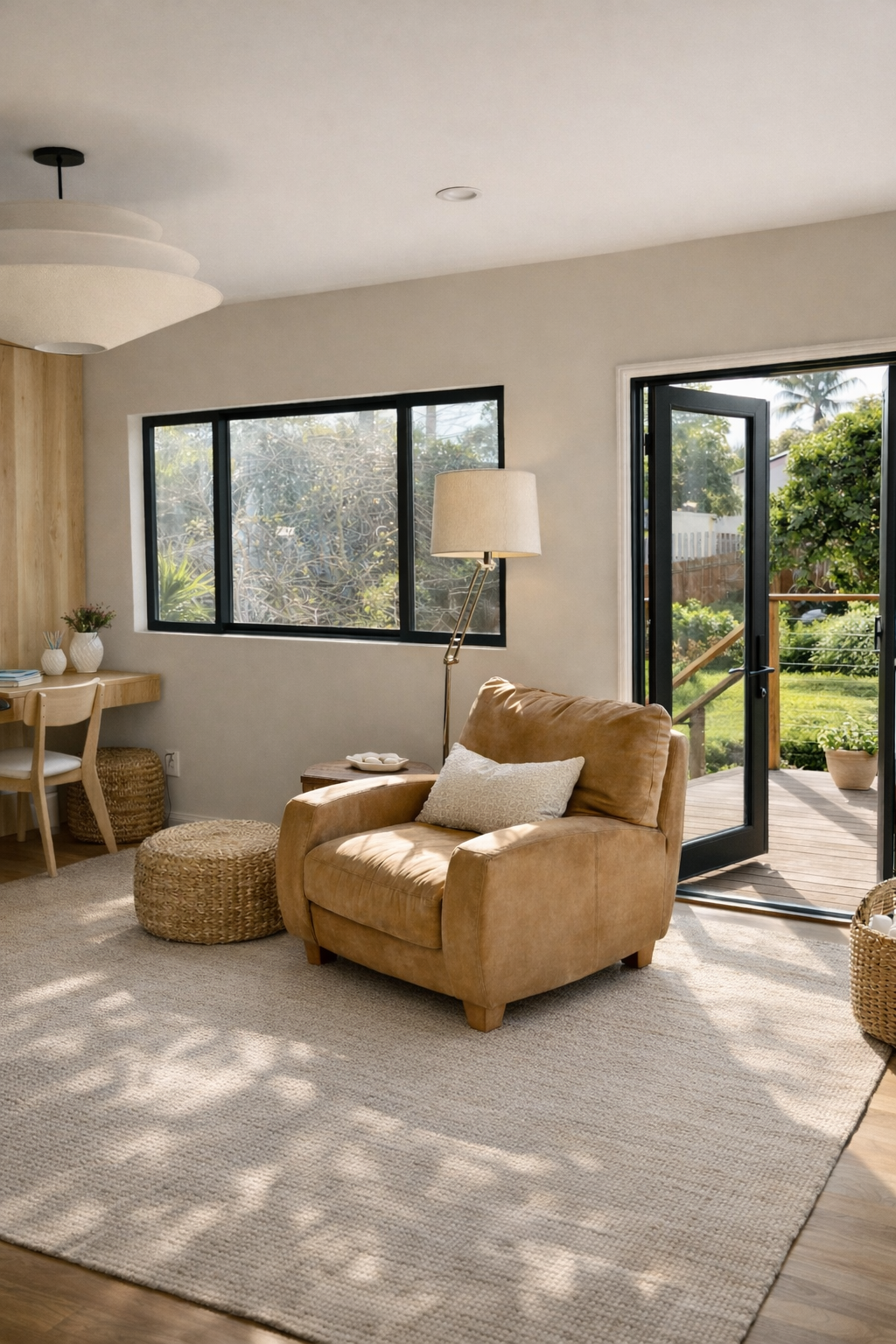 Living room with a tan armchair, a floor lamp, a wicker pouf, a window, and an open door to a garden patio.