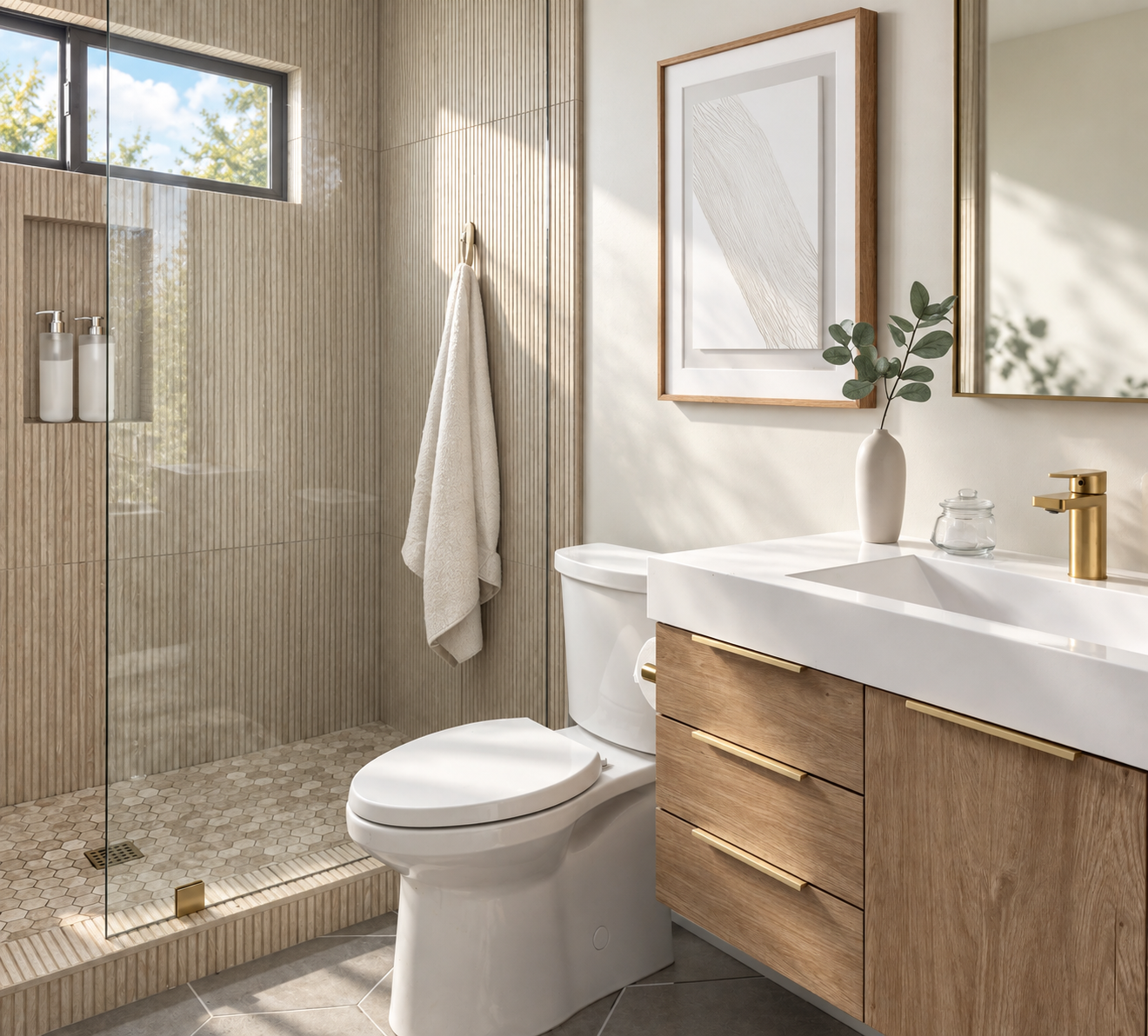 Modern bathroom with a walk-in shower, a toilet, and a wooden vanity with a white sink. There are framed artworks and a vase with greenery on the vanity, with natural light coming through a window.