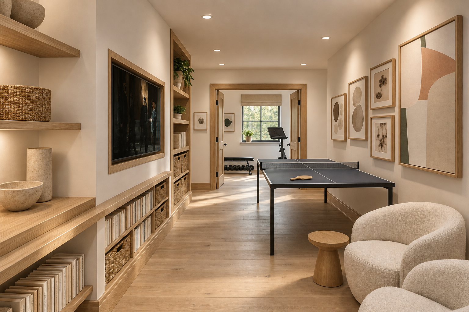 A cozy game room with a ping pong table, a cream armchair and a small stool, wall art, built-in shelves with books and decor, a flat-screen TV, and a small workout area with a window in the background.