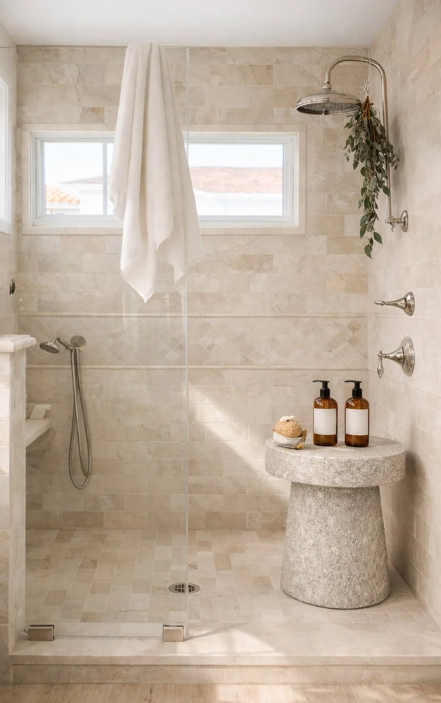 A minimalist bathroom shower with beige tile walls, a window, a rain shower head, a glass door, a textured stone pedestal table with two brown soap dispensers and a natural sponge, a towel hanging from a hook, and a small shelf with a soap bar.