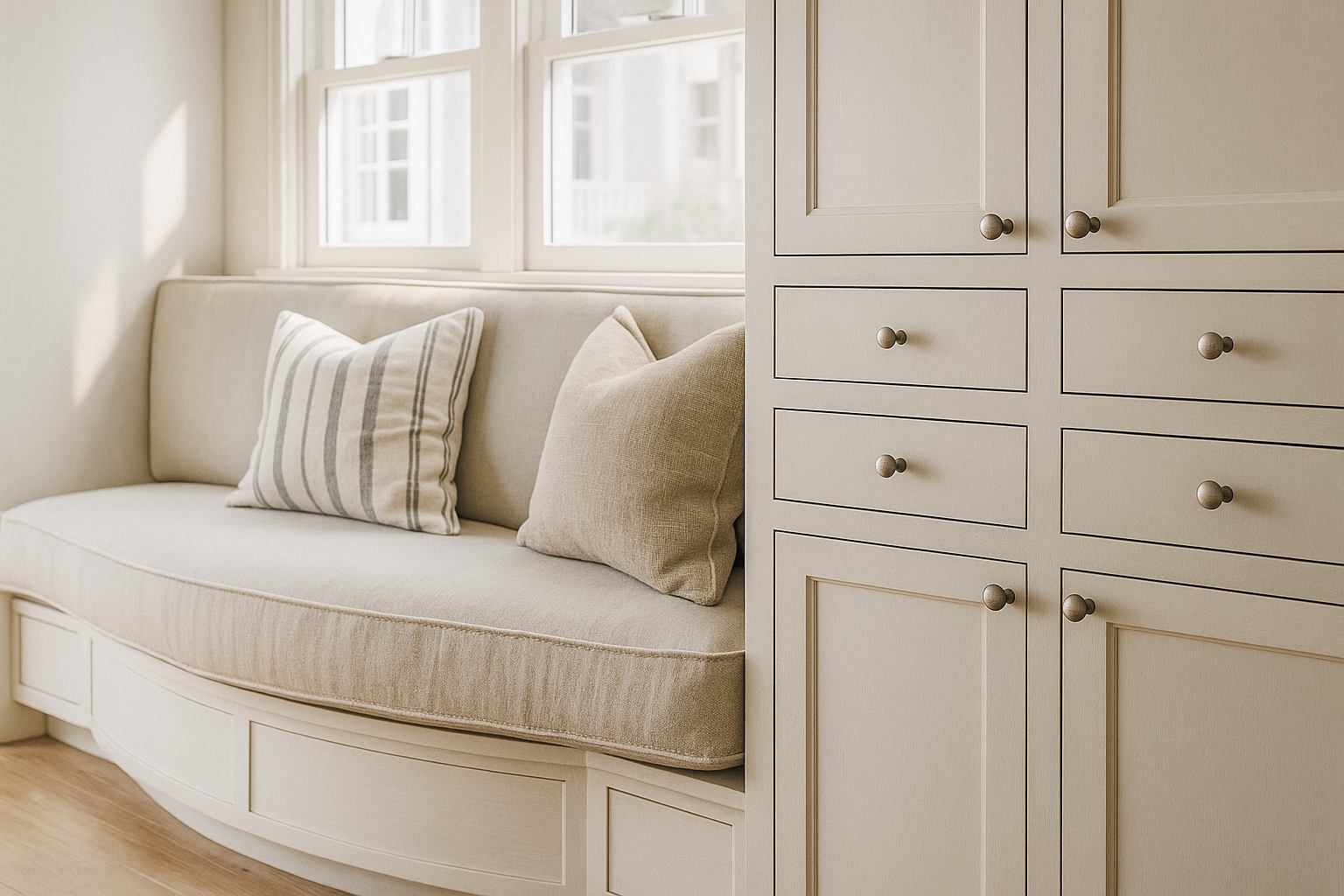 A cozy window seat with beige cushions and decorative pillows, next to a built-in cabinet with multiple drawers, in a bright room with large windows.