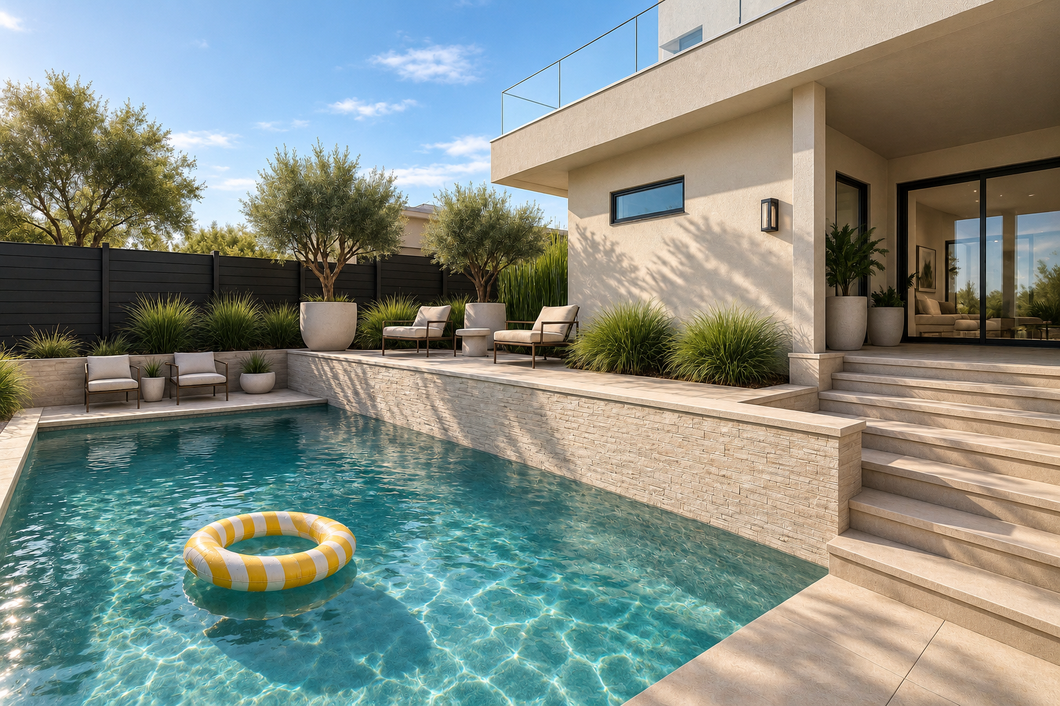 Modern backyard with swimming pool, pool float, lounge chairs, potted plants, and house with sliding glass door and outdoor staircase under a blue sky.