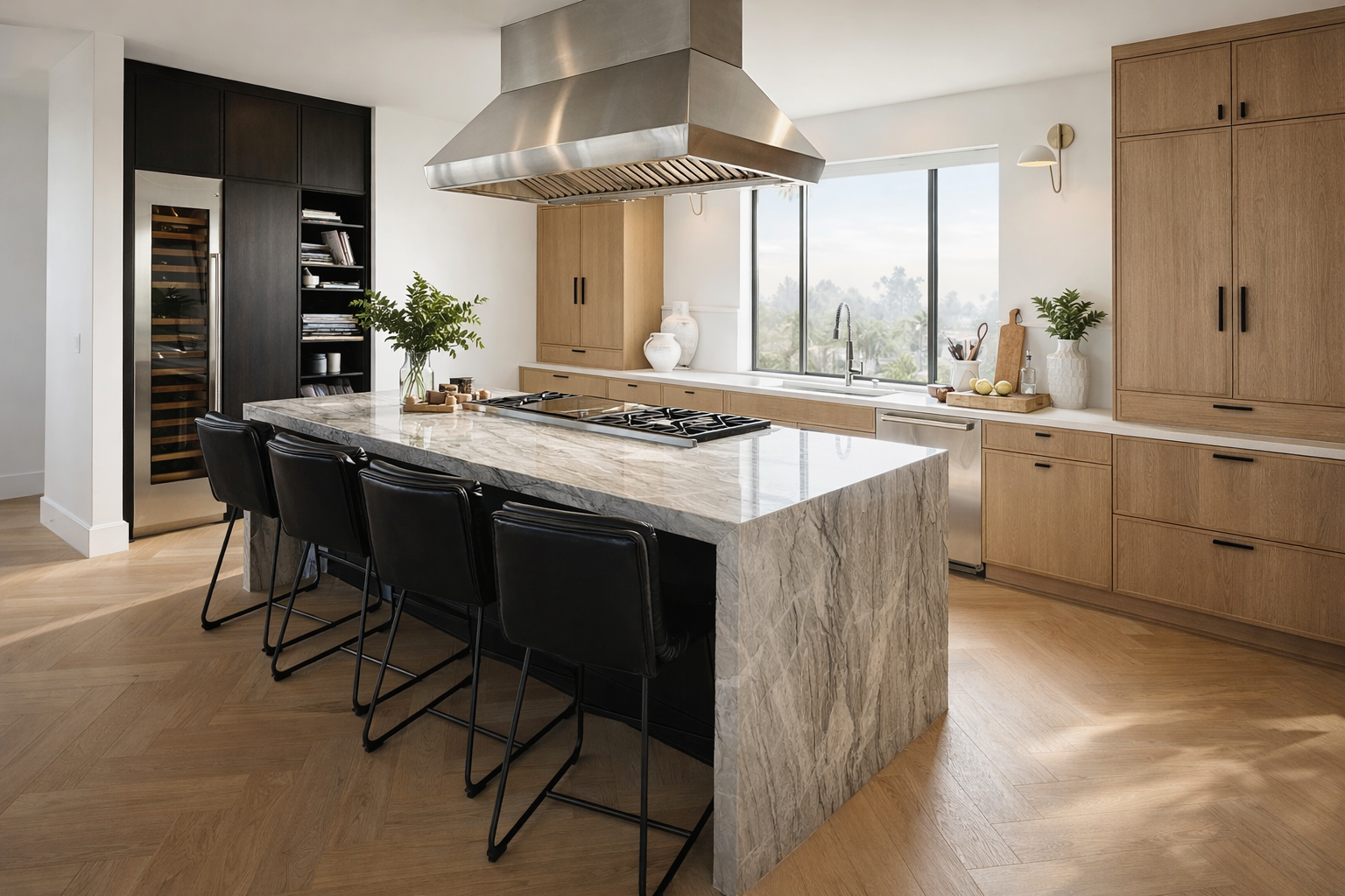 Modern kitchen with a marble island, black chairs, wooden cabinets, a large window, and stainless steel appliances.
