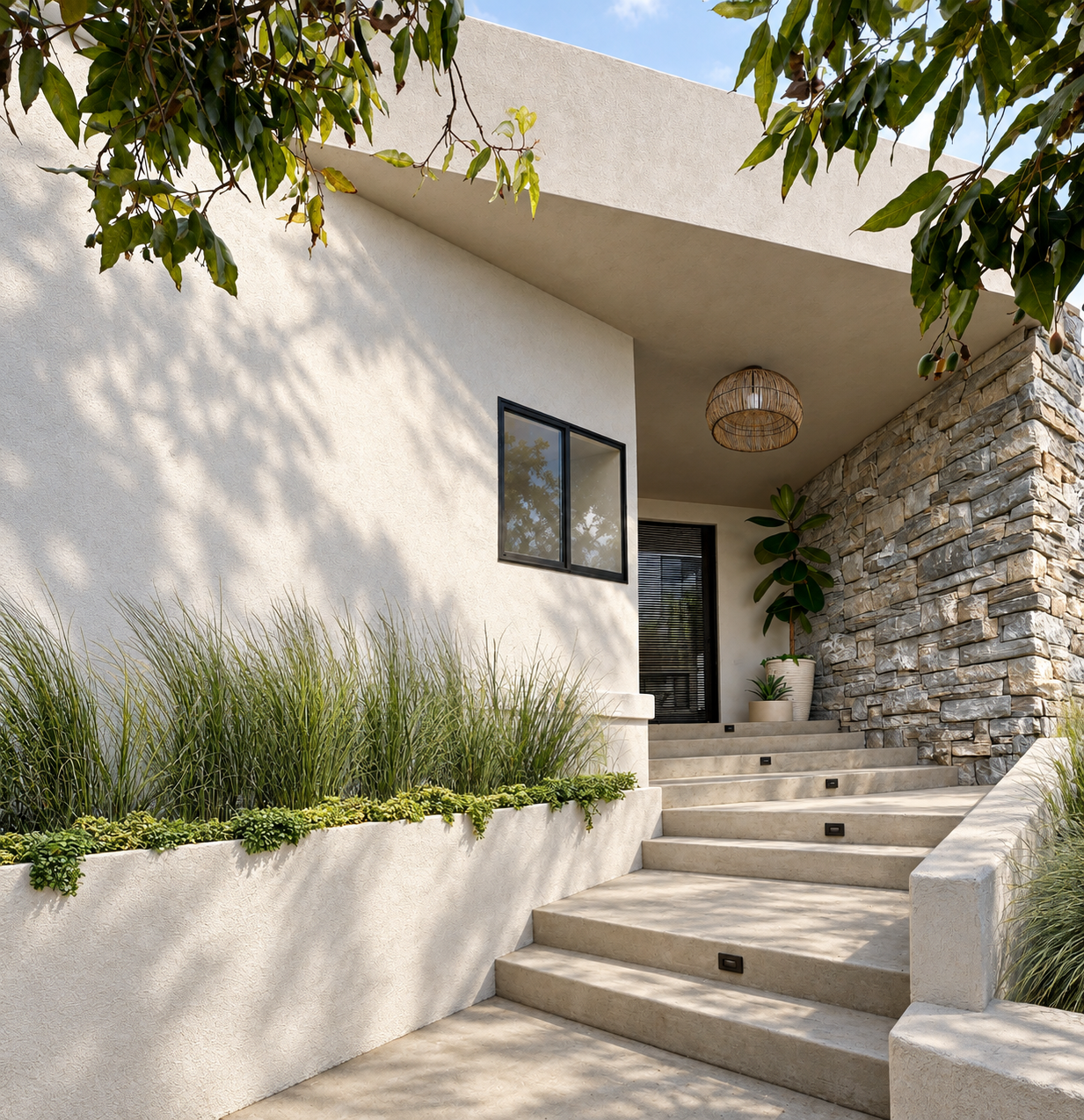 Modern house entrance with concrete stairs, large potted plant, stone wall, and greenery, under a partially shaded porch