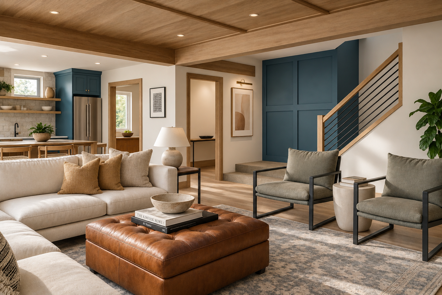 Living room with beige sectional sofa, tan and gray throw pillows, leather ottoman with books and a bowl, beige armchairs with black metal frames, side table with a lamp, staircase with wooden steps and black railing, open kitchen with blue cabinets and wooden shelves, and hardwood flooring.
