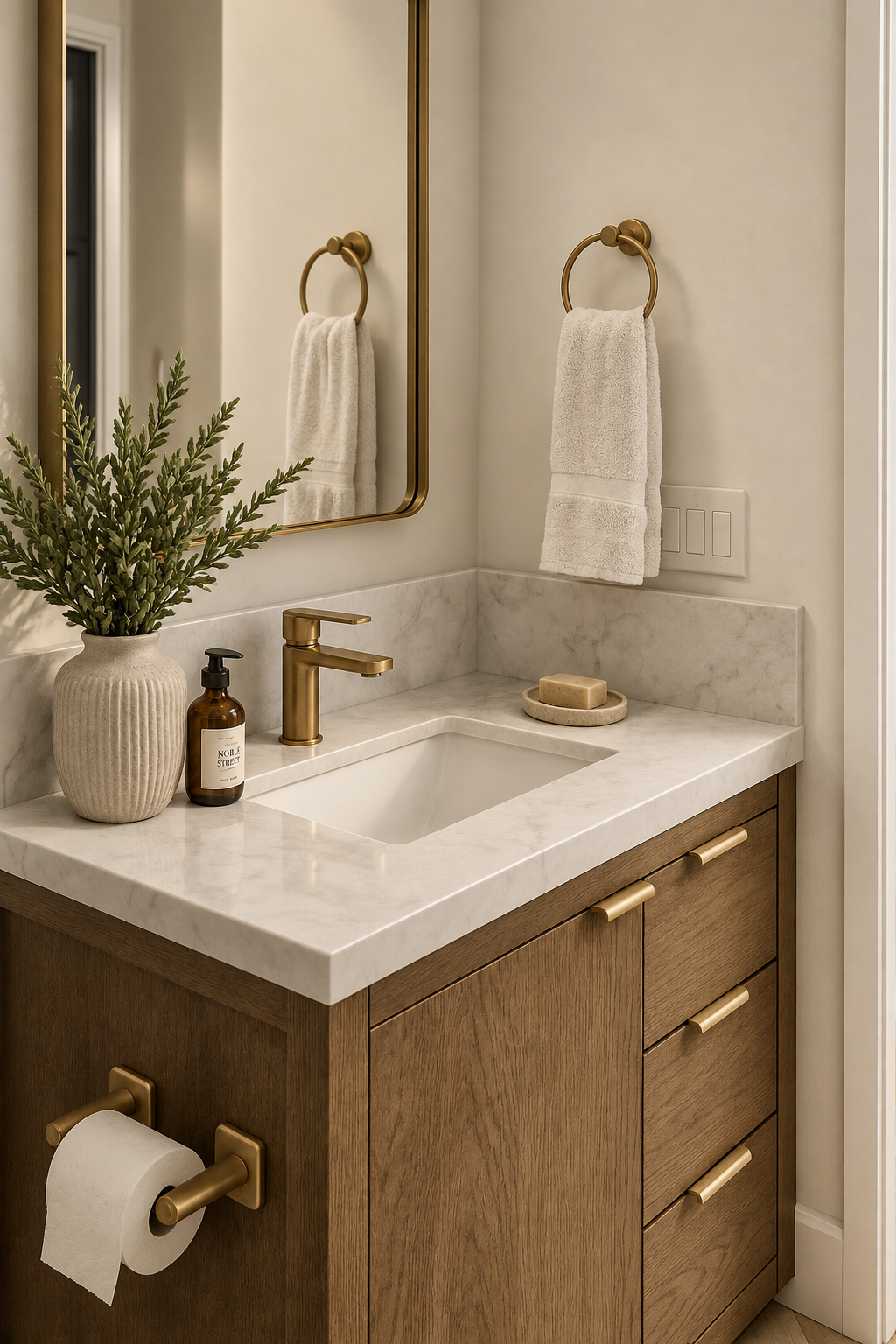 Bathroom vanity with a white marble countertop, wooden cabinet drawers with gold handles, a gold faucet, a beige soap dish, a brown soap dispenser, a potted green plant, a mirror with a gold frame, a towel ring with a white towel, and a toilet paper holder with a roll of toilet paper.