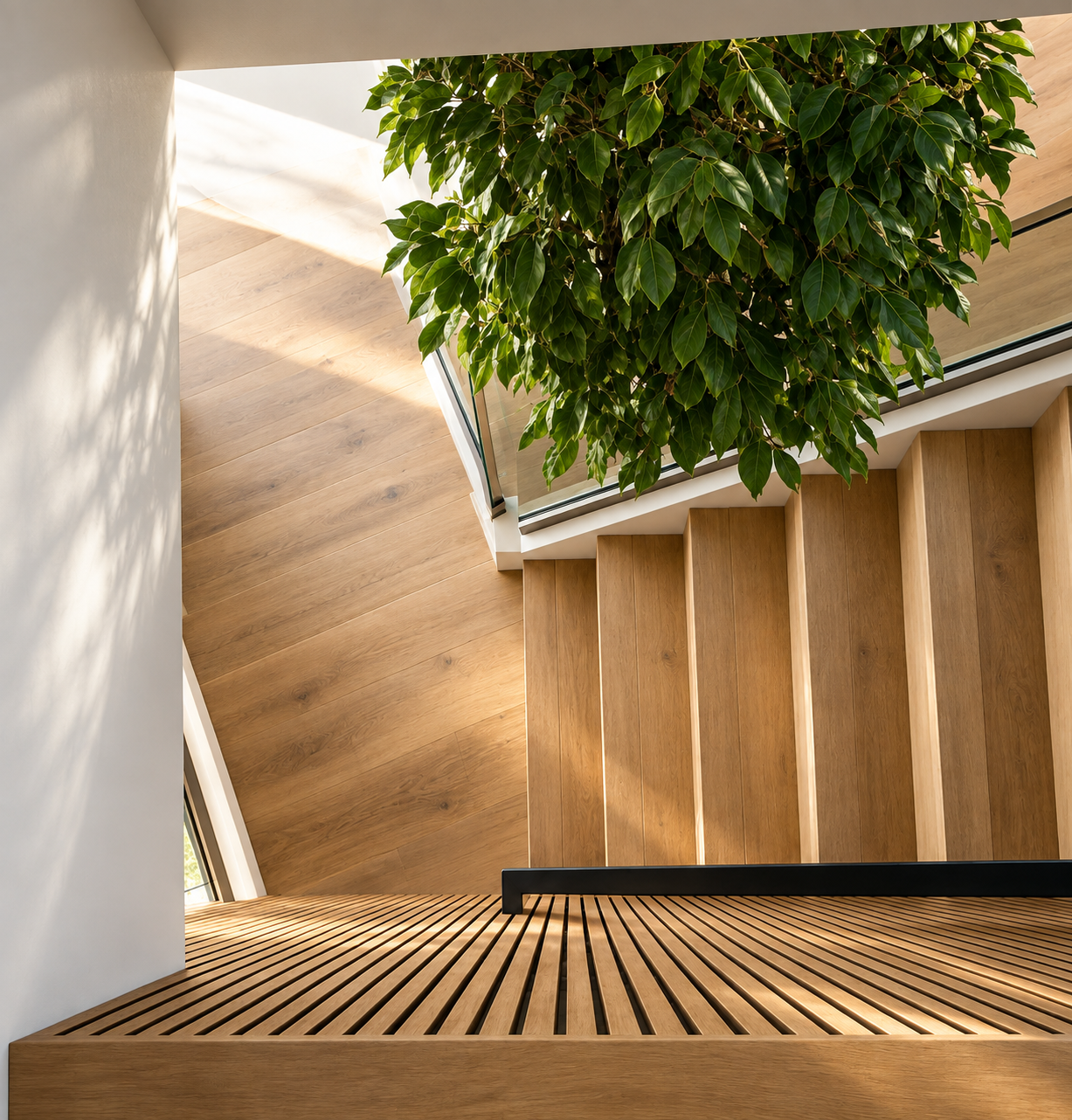 A modern staircase with wooden steps and a large green indoor plant seen from above, with natural light casting shadows on the wall.
