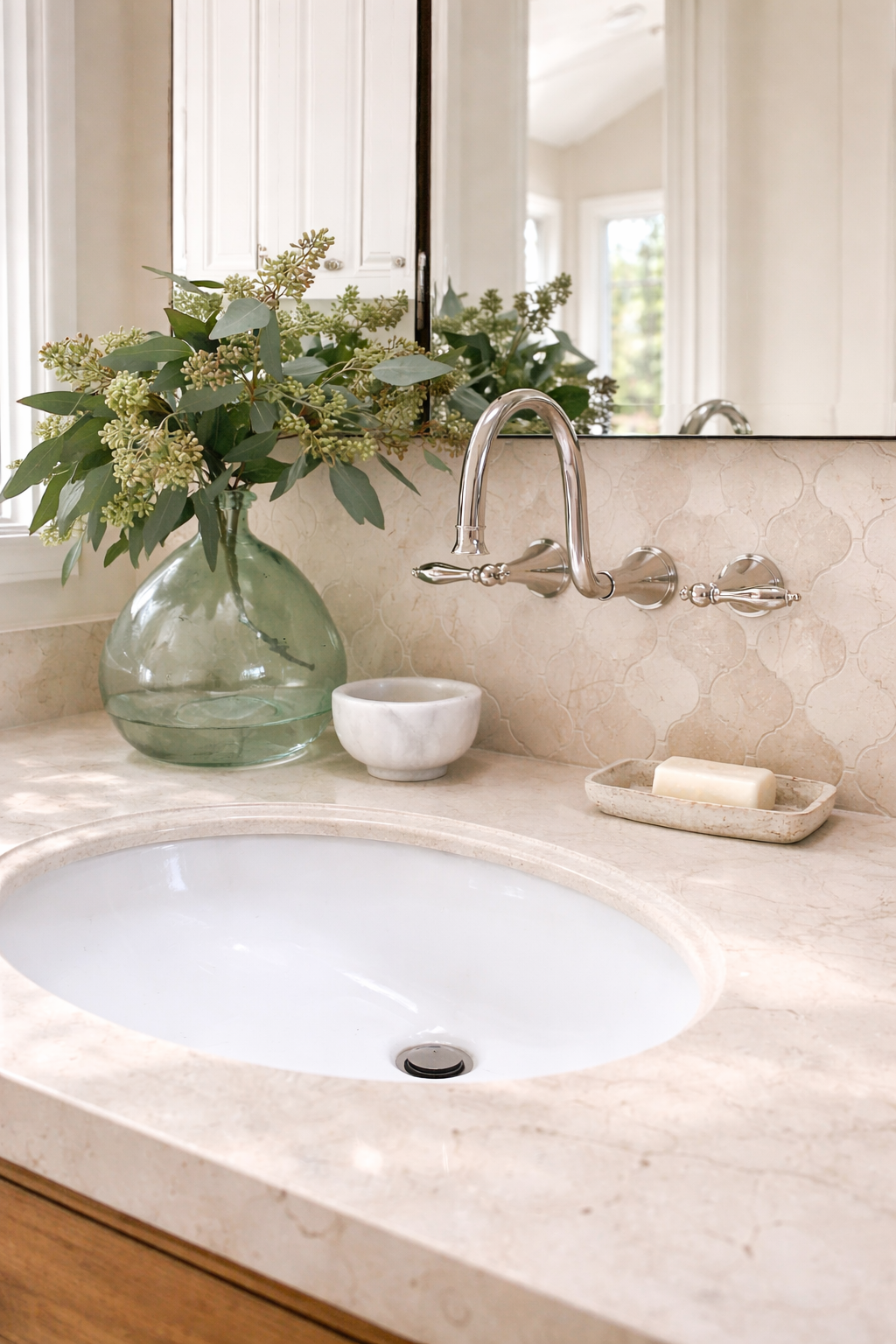 A bathroom sink area with a large glass vase of greenery, a white marble bowl, a bar of soap in a dish, a silver faucet, and a mirror reflecting a window with natural light.