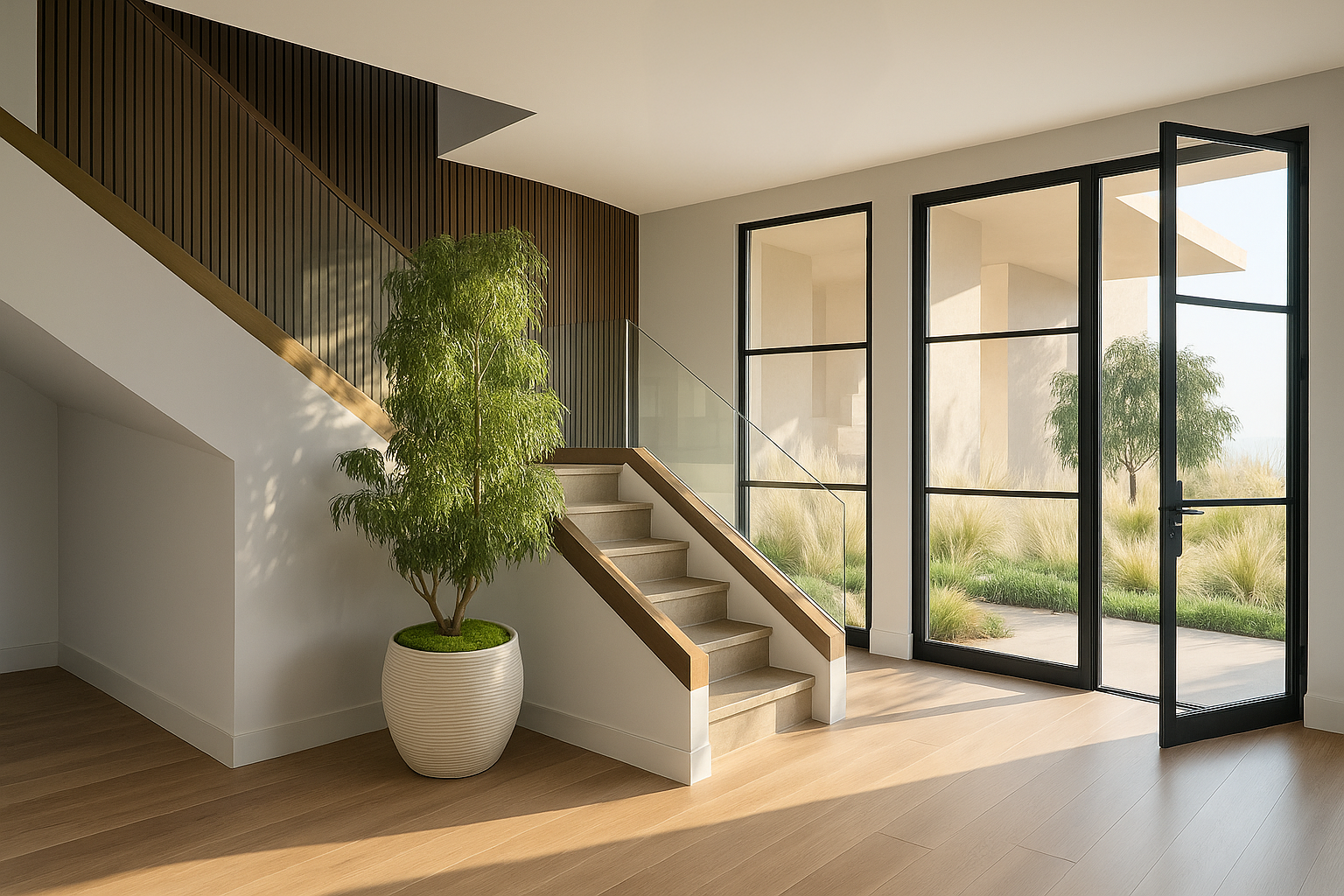 Modern interior with large glass doors leading outside, wooden stairs with glass railing, potted tree, and minimalist decor.
