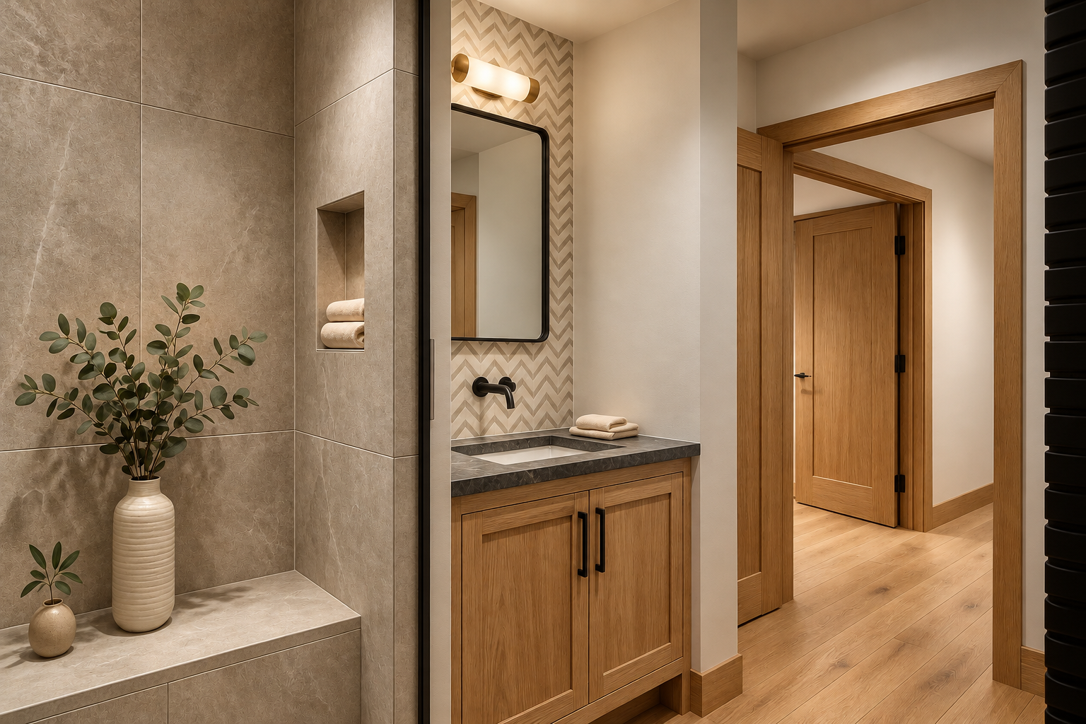 Modern bathroom with beige tiles, wooden cabinets, and a mirror. Decor includes potted plants and towels, with warm lighting and wooden doorways.