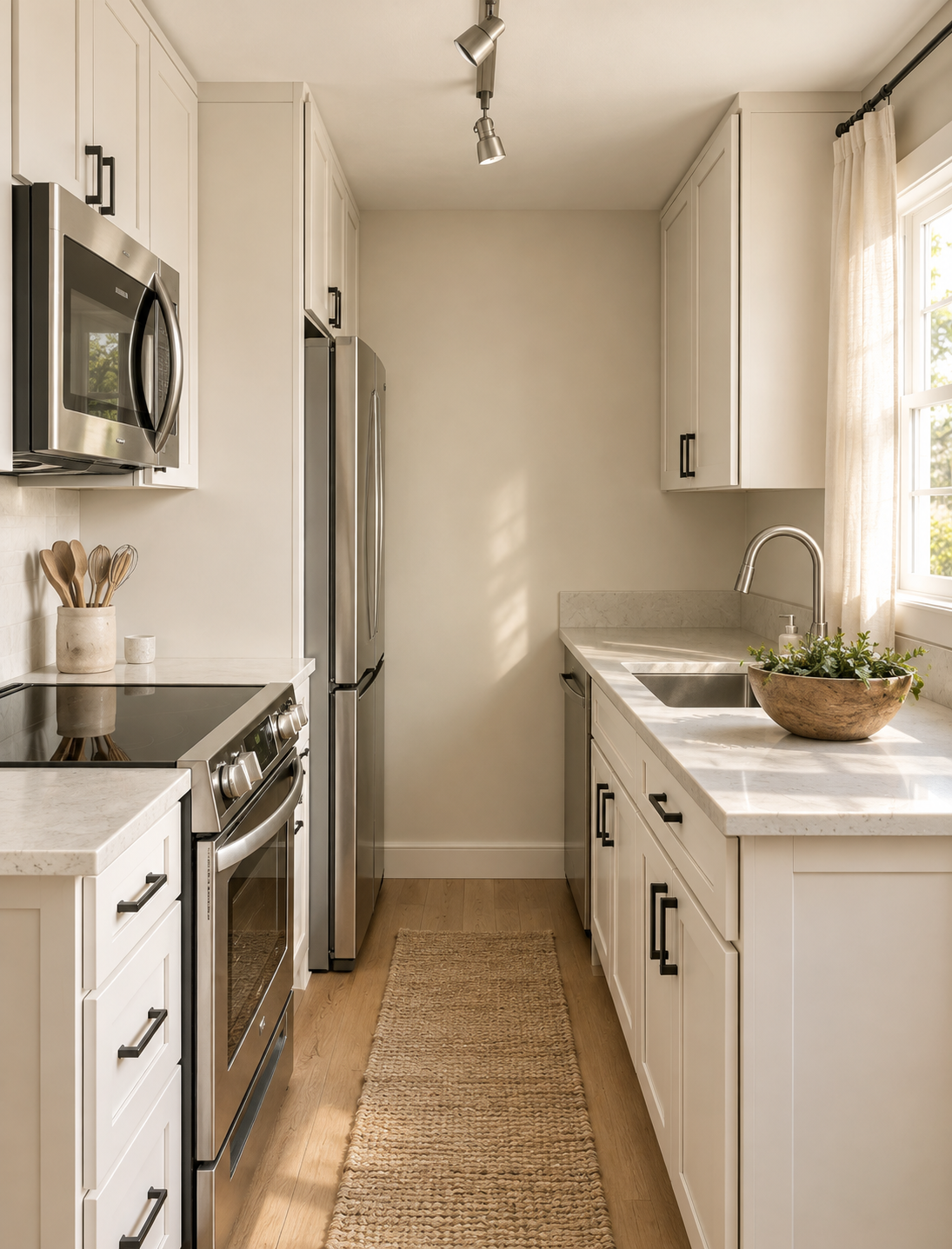 A modern kitchen with white cabinets, stainless steel microwave and refrigerator, a stove, a beige countertop with a wooden bowl of greenery near a window, and a narrow woven rug on wooden floor.