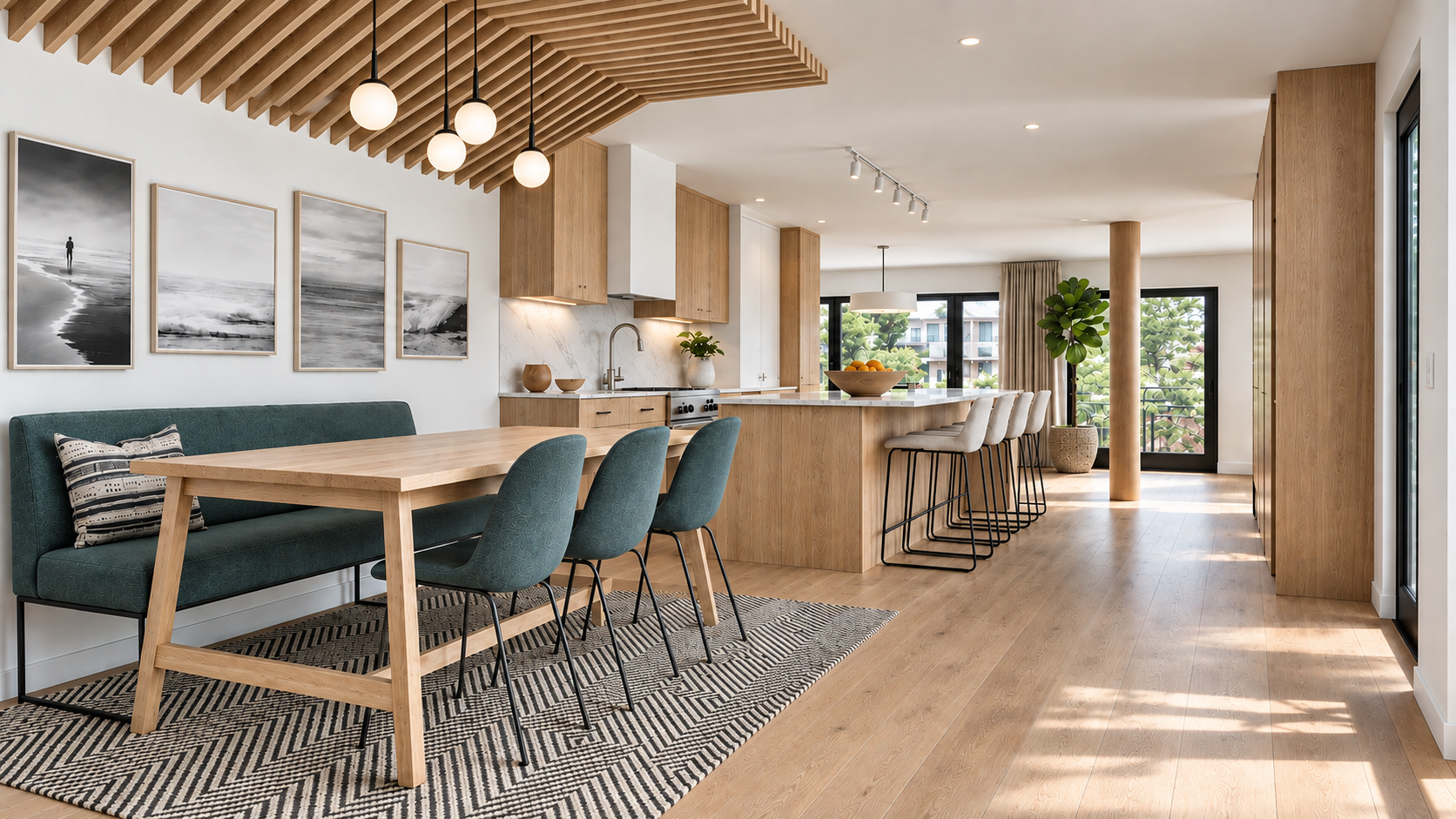 Open-concept kitchen and dining area with wooden accents and large windows; dining area has a wooden table with teal bench and chairs, while the kitchen features a large island with bar stools, light wood cabinets, and modern appliances.