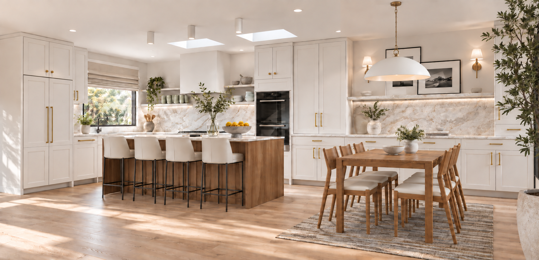 Bright and airy kitchen with white cabinets, wooden island, and dining table, decorated with green plants and modern lighting fixtures.