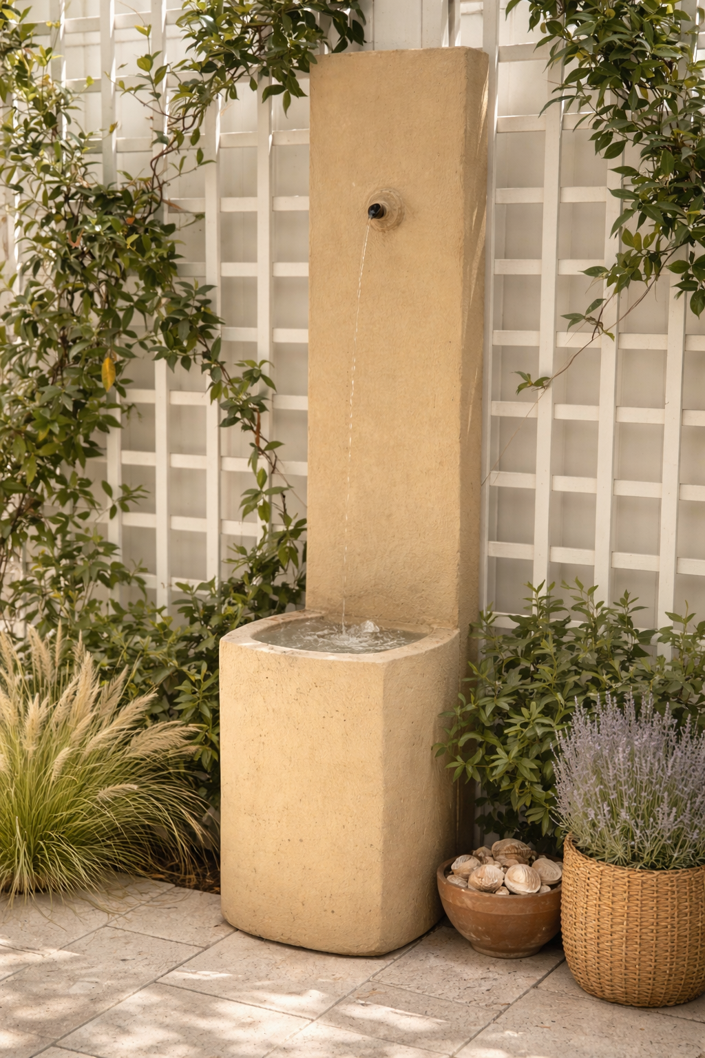 A beige outdoor fountain with a vertical rectangular stone standing on a rounded base, water flowing from a spout on the rectangle, surrounded by potted plants and greenery, with a white lattice fence in the background.